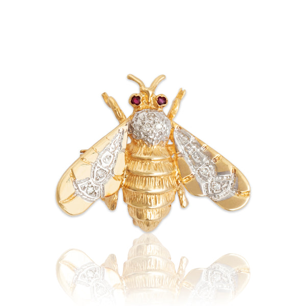 Vintage 14k Yellow & White Gold Diamond Ruby Flying Insect Brooch / Pin