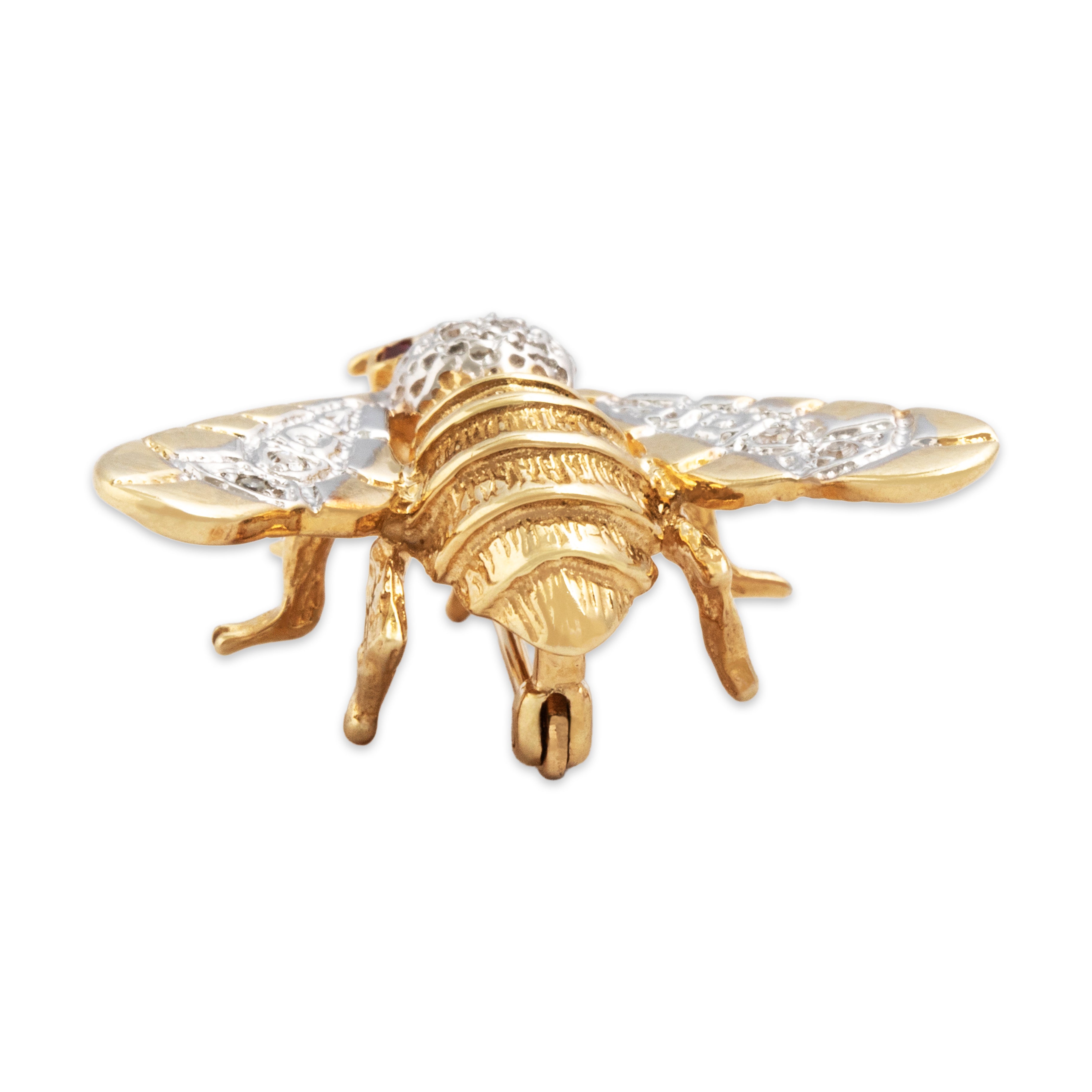 Vintage 14k Yellow & White Gold Diamond Ruby Flying Insect Brooch / Pin - detail view #2