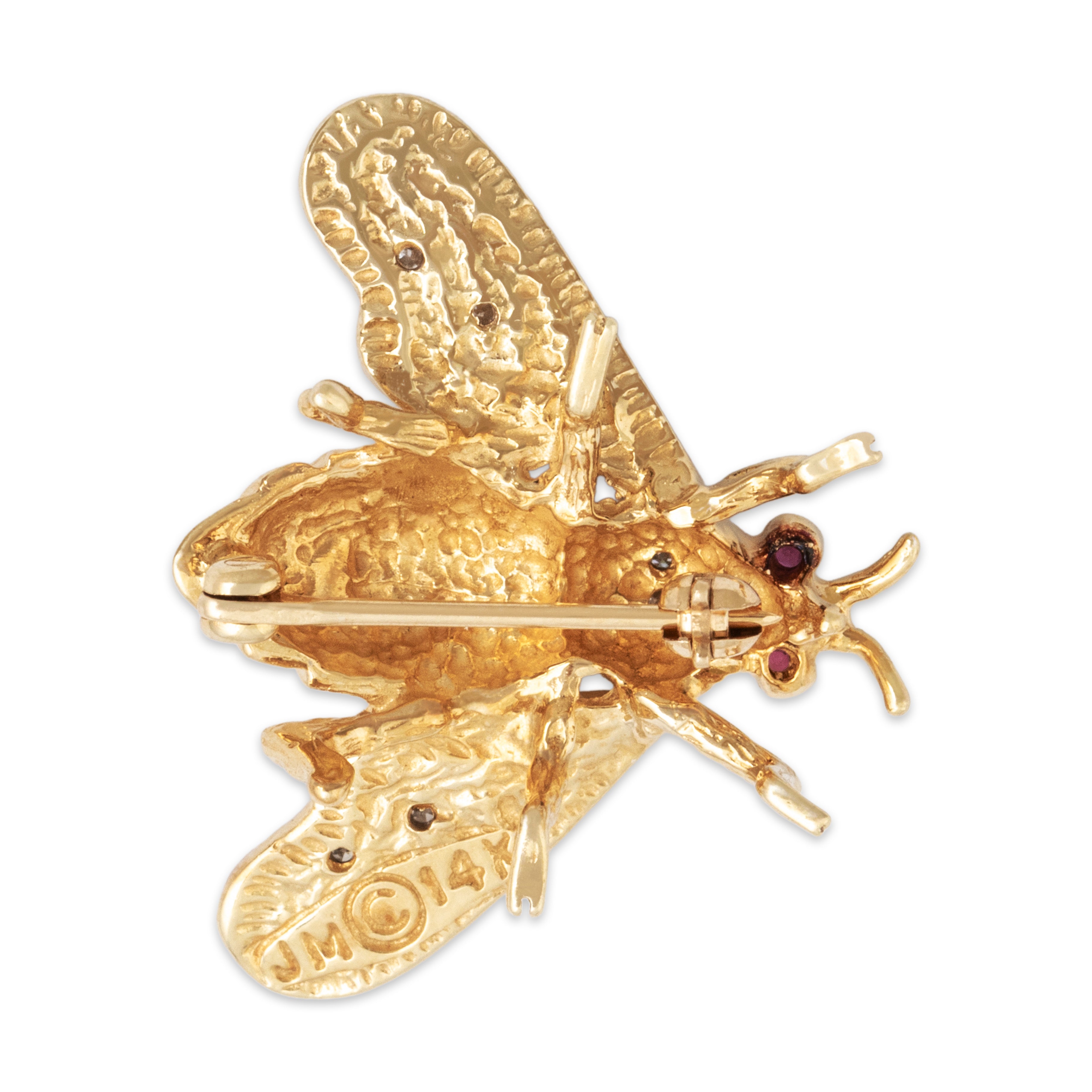 Vintage 14k Yellow & White Gold Diamond Ruby Flying Insect Brooch / Pin - Back view
