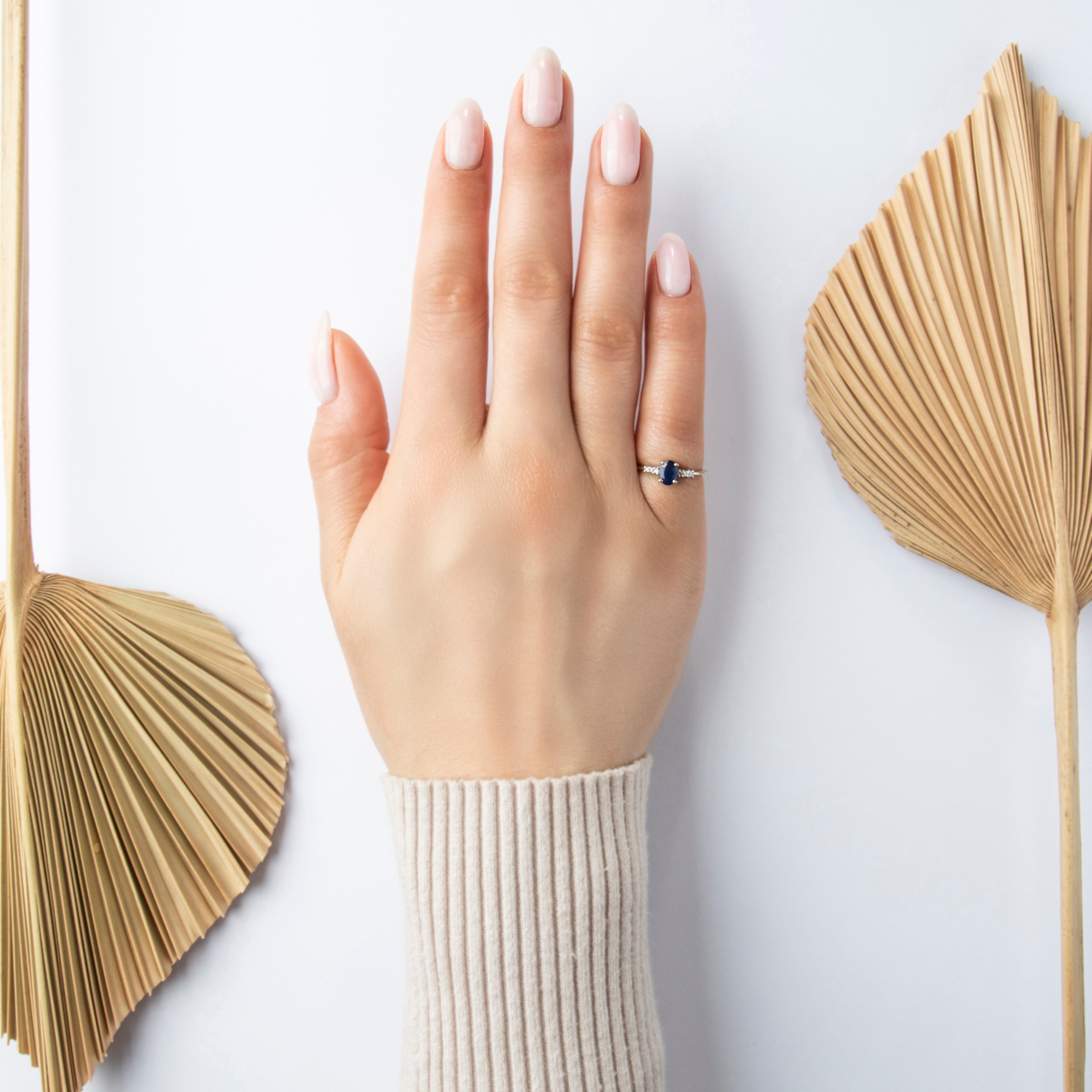 Vintage 14k White Gold .59ct Blue Sapphire Diamond Refined Vibrant Oval Ring - On model view