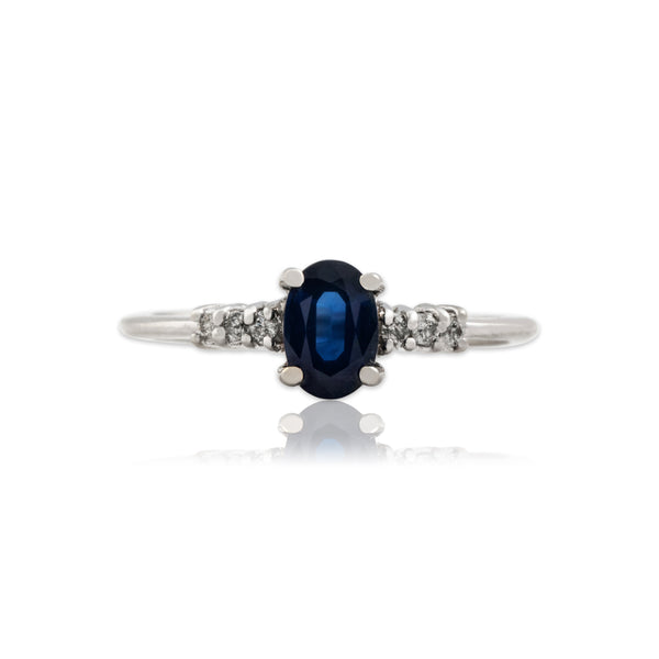 Vintage 14k White Gold .59ct Blue Sapphire Diamond Refined Vibrant Oval Ring 5.25