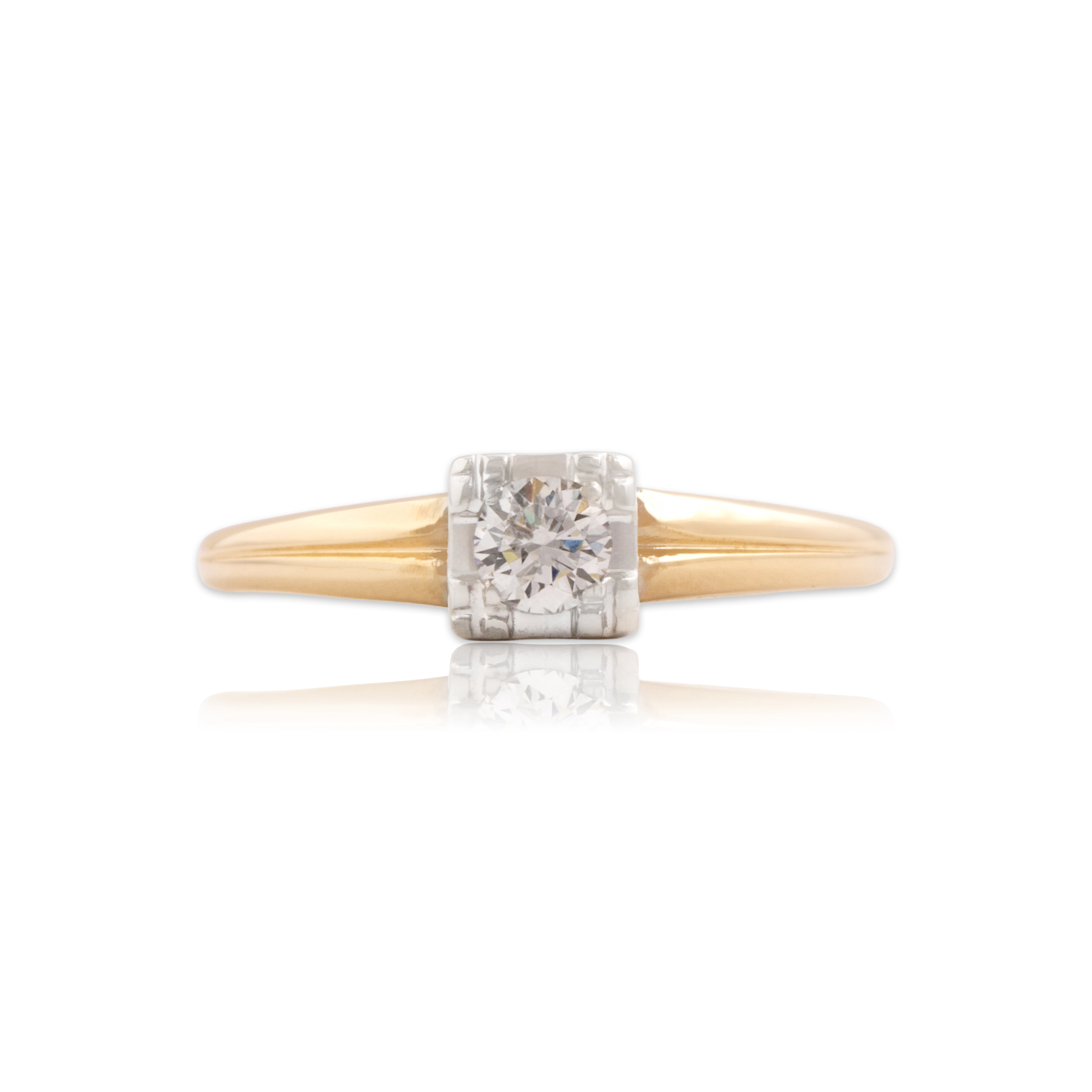 Vintage 14k Yellow Gold & 18k White Gold Diamond Square-Set Solitaire Ring 5.50