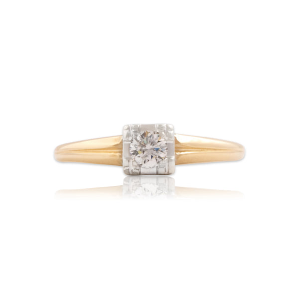 Vintage 14k Yellow Gold & 18k White Gold Diamond Square-Set Solitaire Ring 5.50
