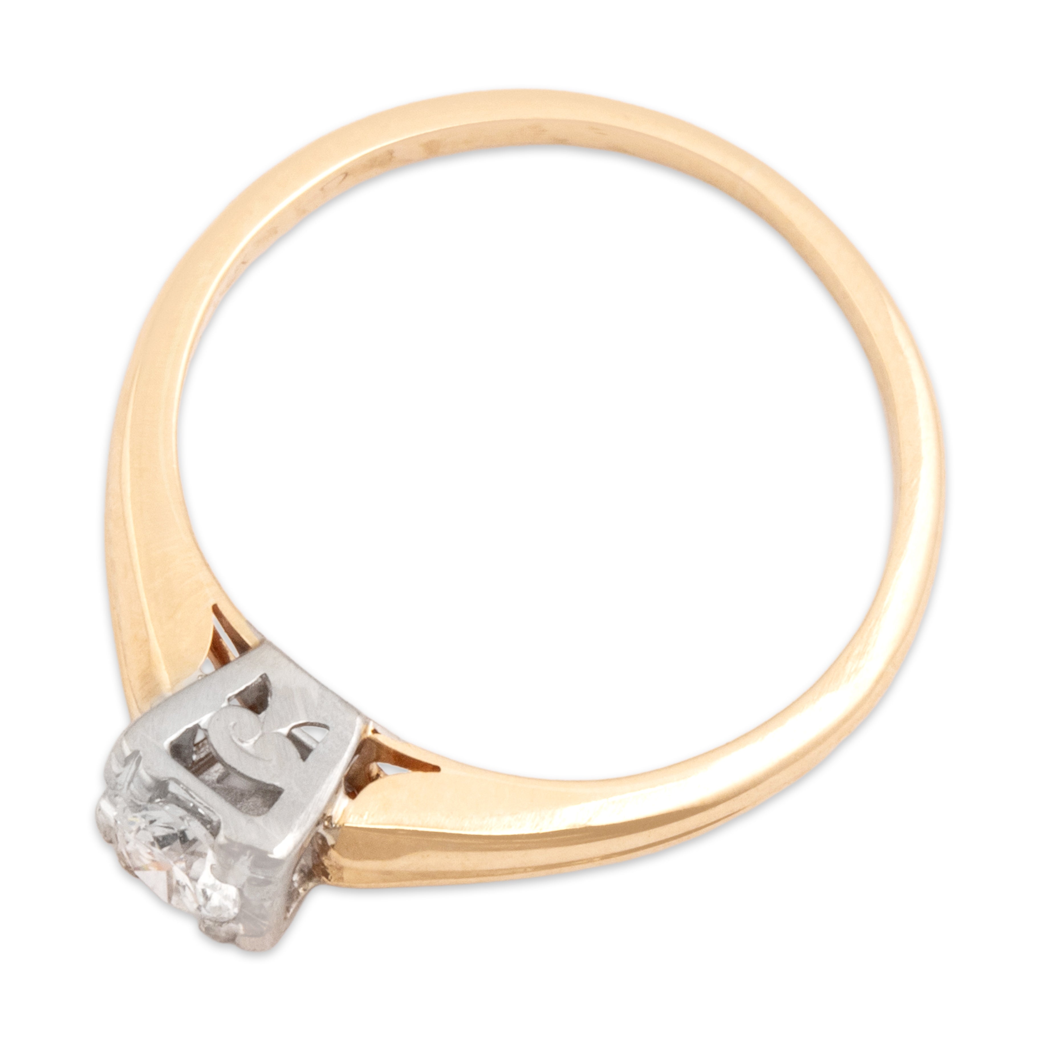 Vintage 14k Yellow Gold & 18k White Gold Diamond Ribbed Square-Set Solitaire Ring - Overall view