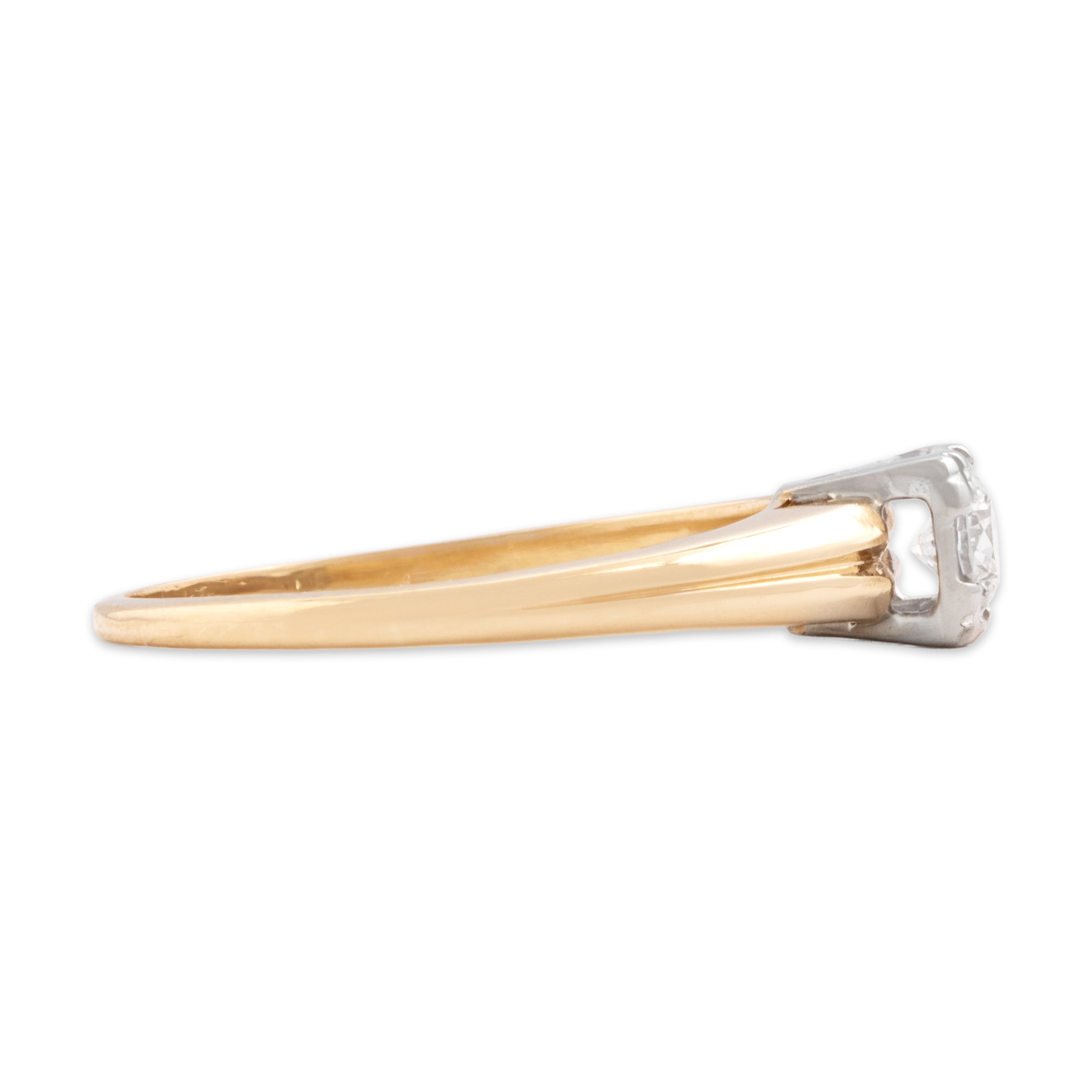 Vintage 14k Yellow Gold & 18k White Gold Diamond Ribbed Square-Set Solitaire Ring - Side view
