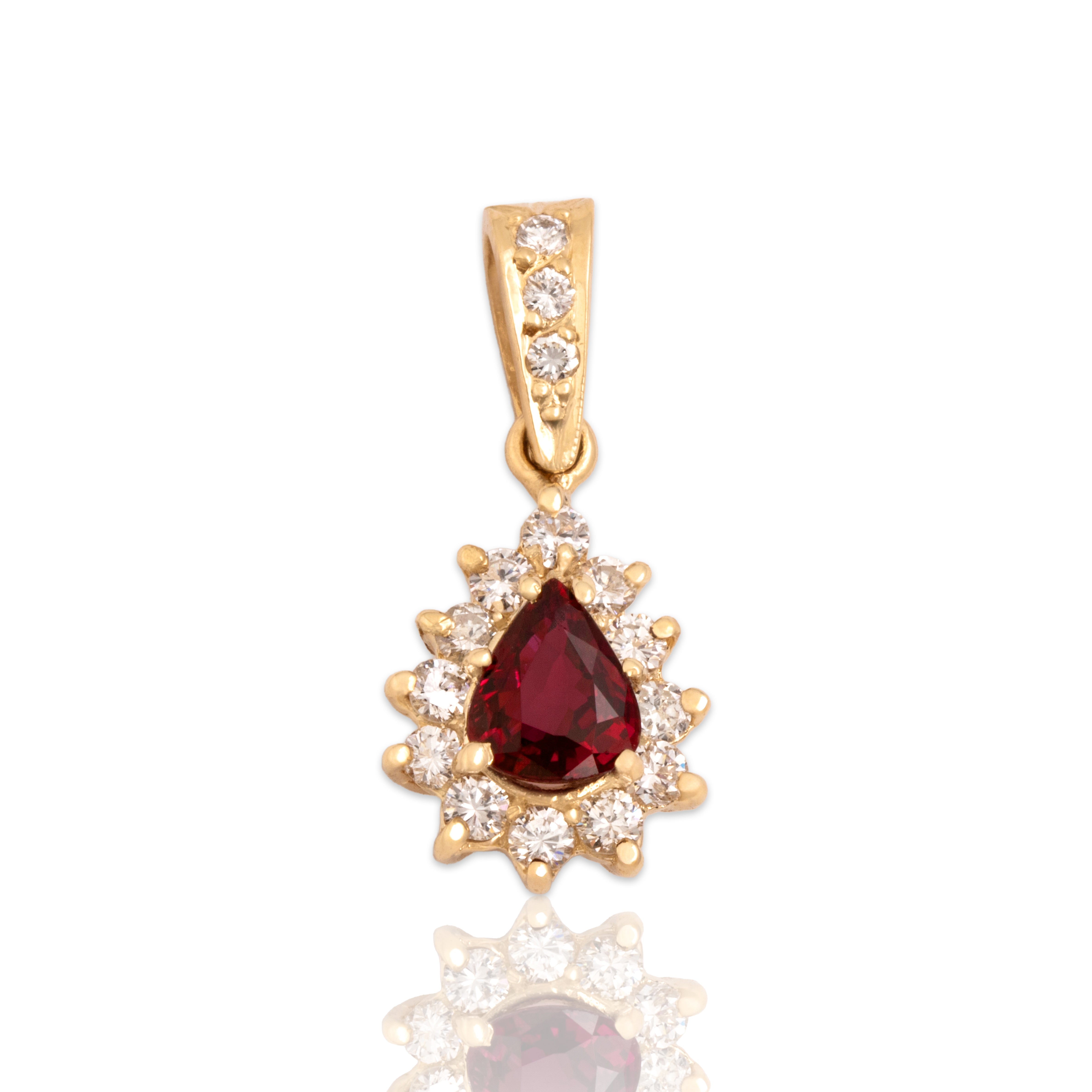 Vintage 14k Yellow Gold .52ct Ruby Diamond Sparkling Pear Halo Dangle Pendant