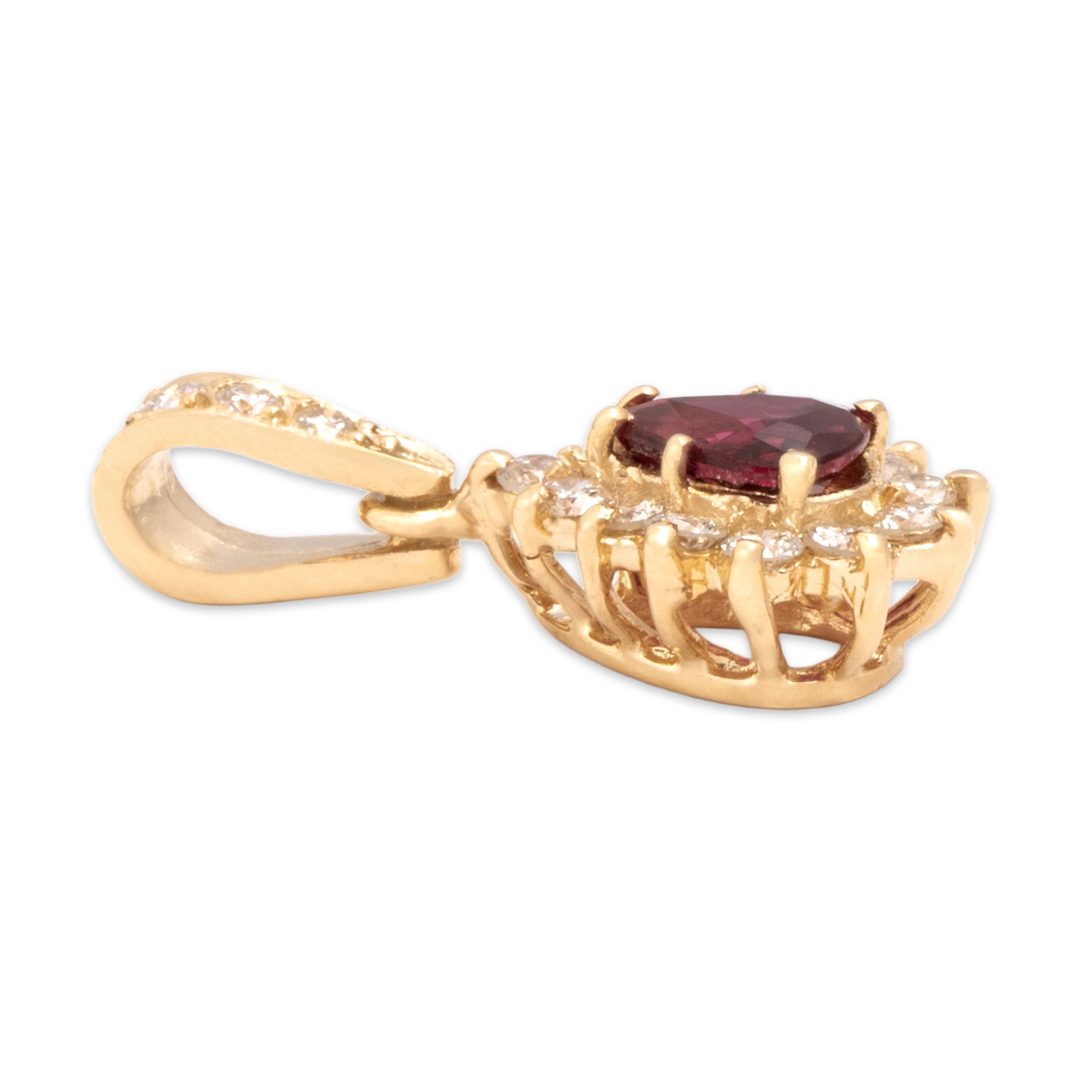 Vintage 14k Yellow Gold .52ct Ruby Diamond Sparkling Pear Halo Dangle Pendant - Side view