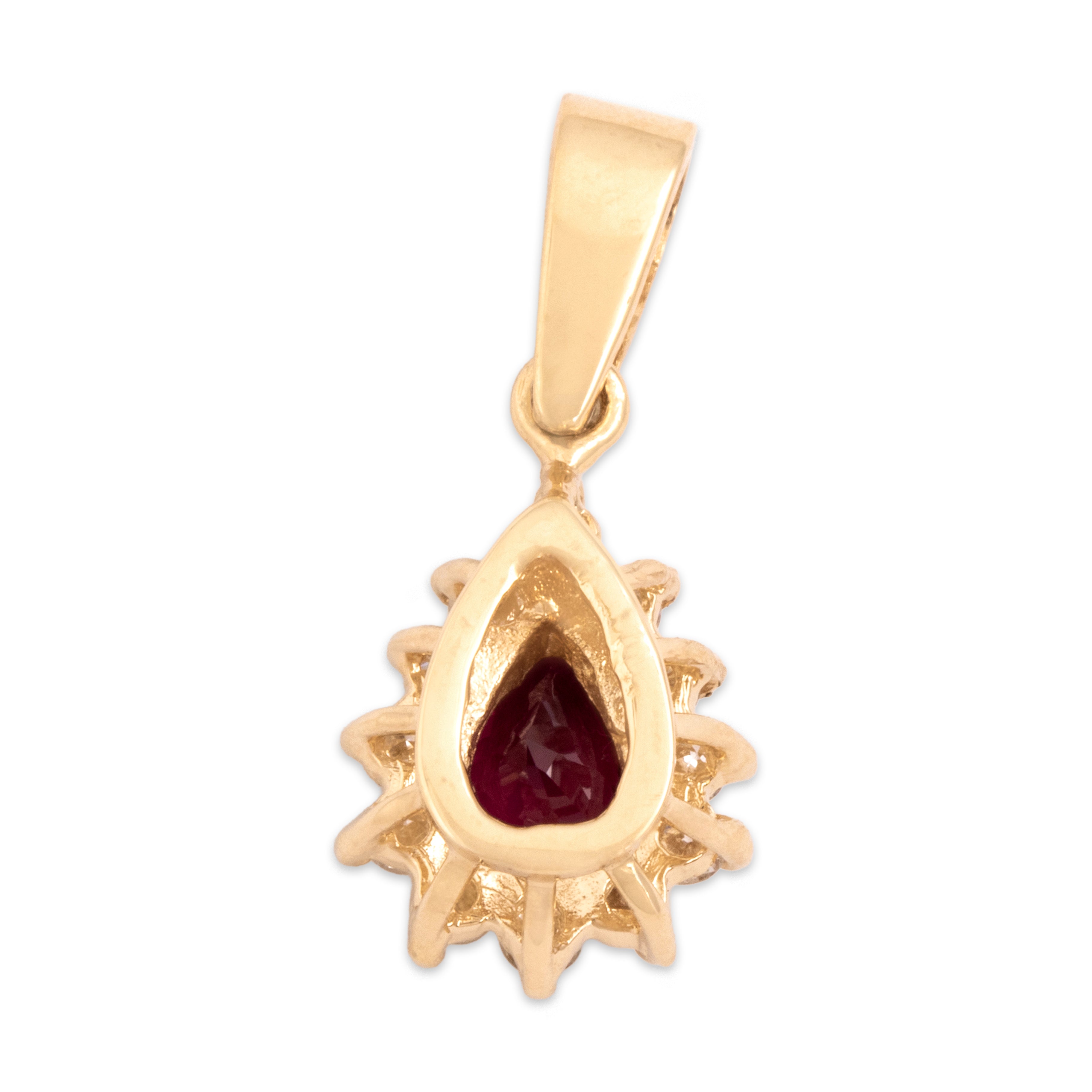 Vintage 14k Yellow Gold .52ct Ruby Diamond Sparkling Pear Halo Dangle Pendant - Back view