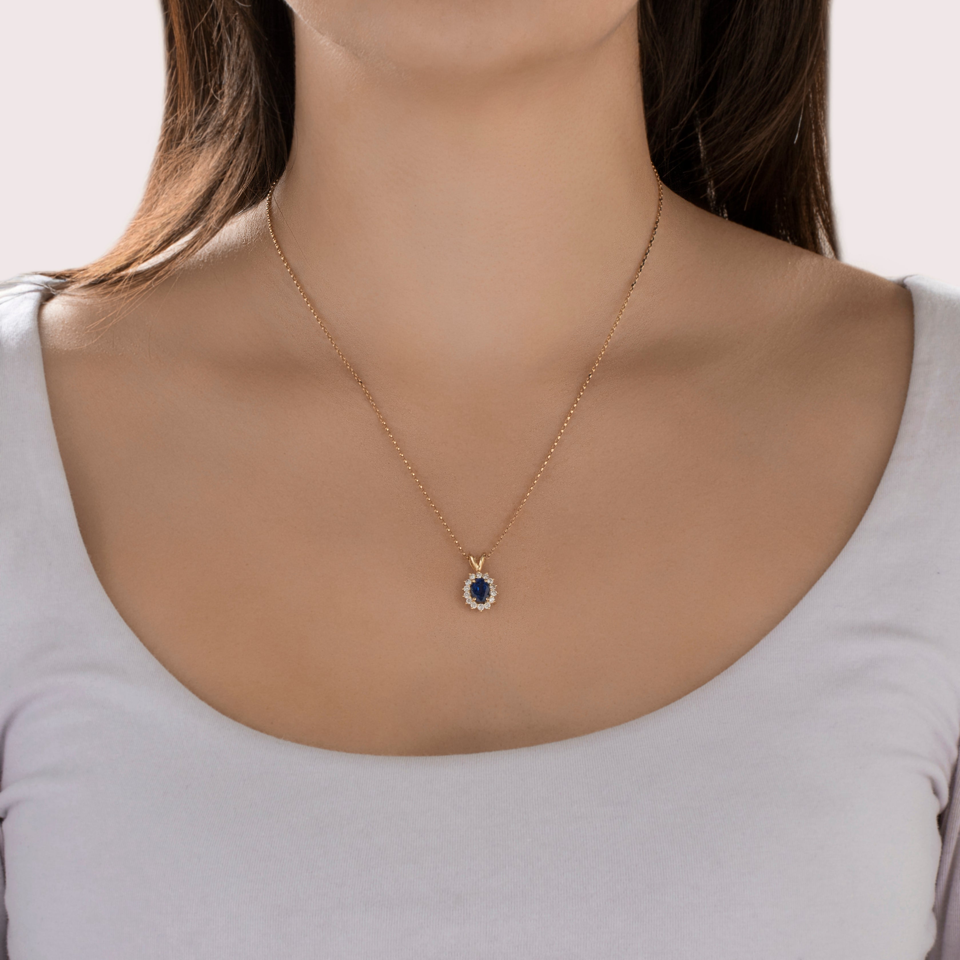 Vintage 14k Yellow Gold 1.08ct Blue Sapphire Diamond Oval Halo Pendant - On model view