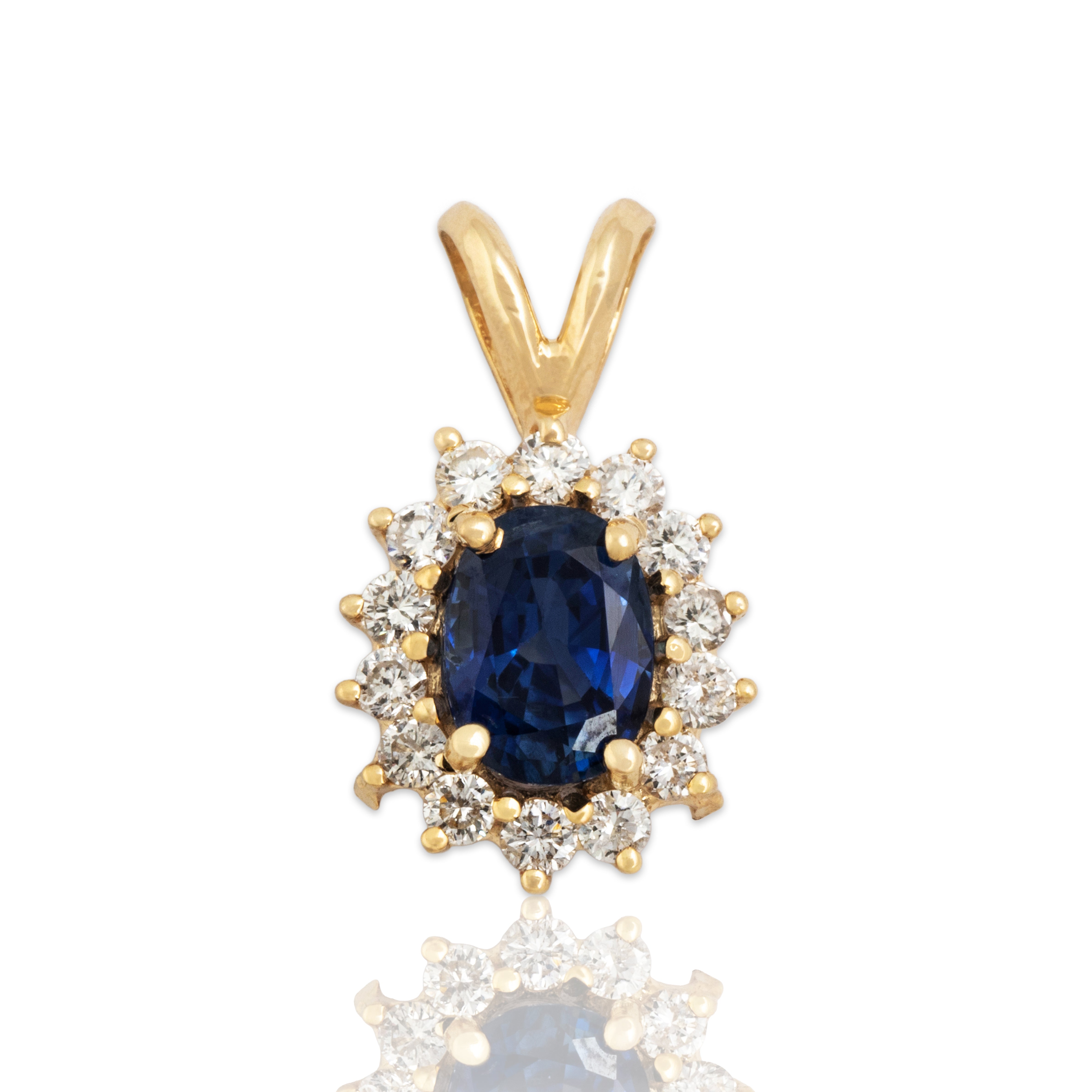 Vintage 14k Yellow Gold 1.08ct Blue Sapphire Diamond Oval Halo Pendant - Close-up view