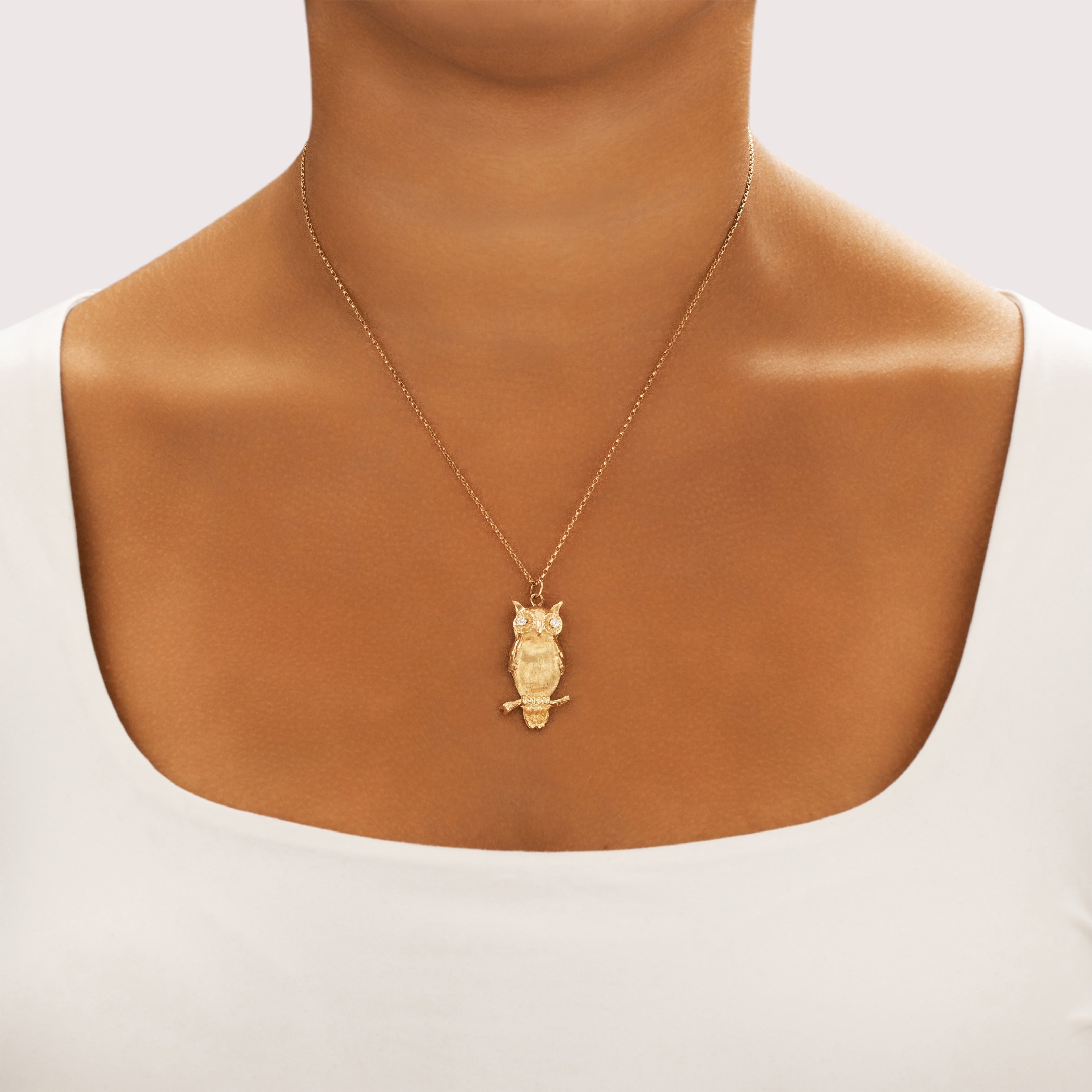 Vintage 14k Yellow Gold Diamond Wise Perched Owl Pendant - On model view