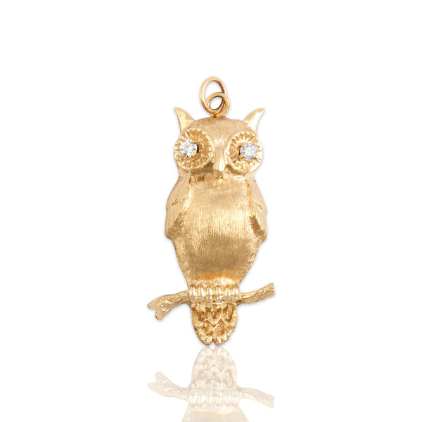 Vintage 14k Yellow Gold Diamond Wise Perched Owl Pendant