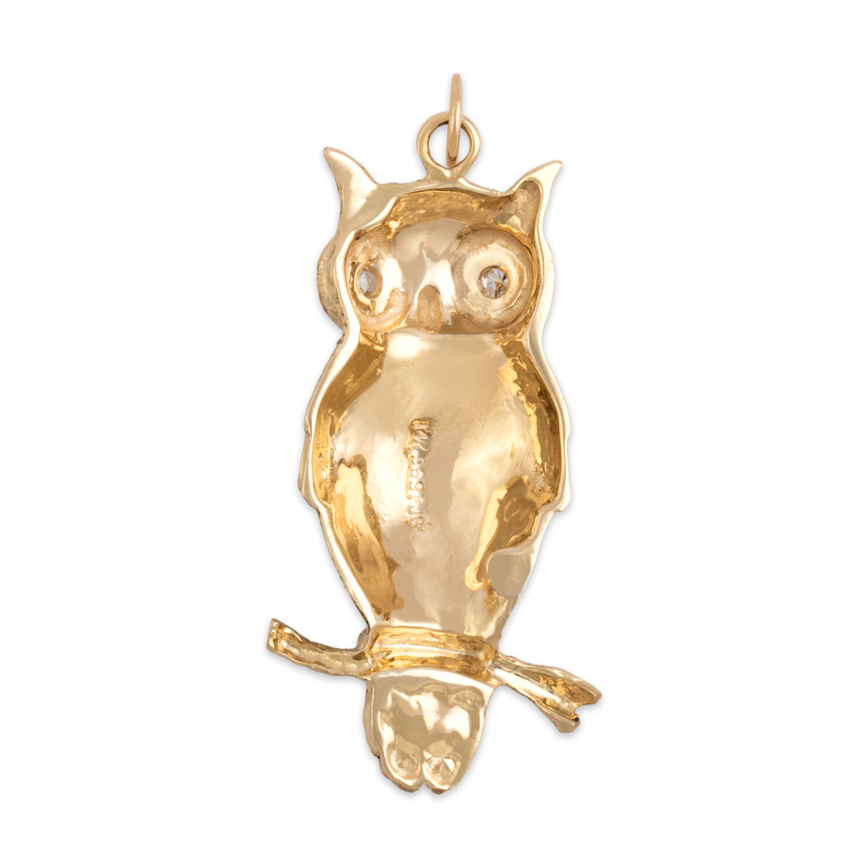 Vintage 14k Yellow Gold Diamond Wise Perched Owl Pendant - Back view