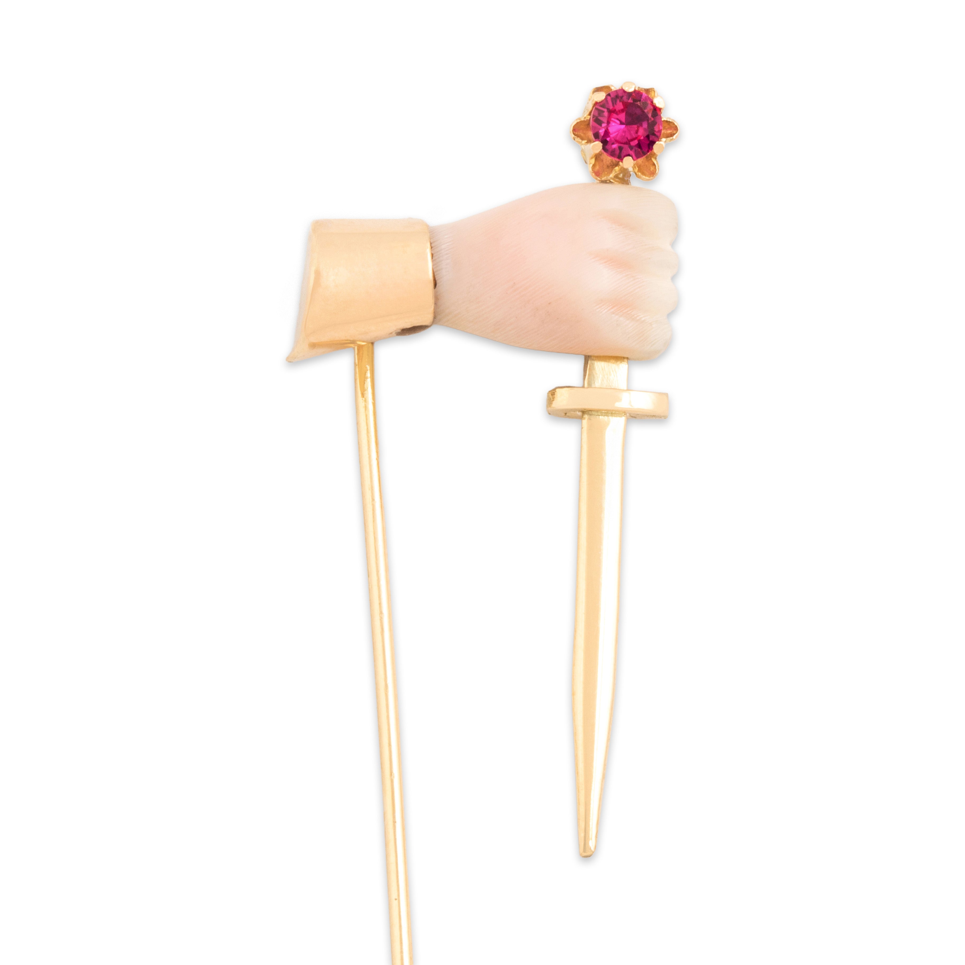 Antique 14k Yellow Gold & 10k Rosy Yellow Gold Natural Shell Synthetic Ruby Grasping Hand And Dagger Stick Pin - detail view #2