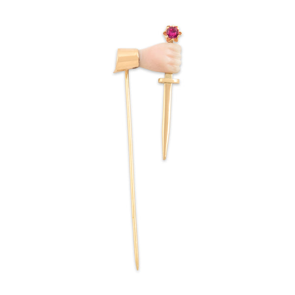 Antique 14k Yellow Gold & 10k Rosy Yellow Gold Natural Shell Synthetic Ruby Stickpin
