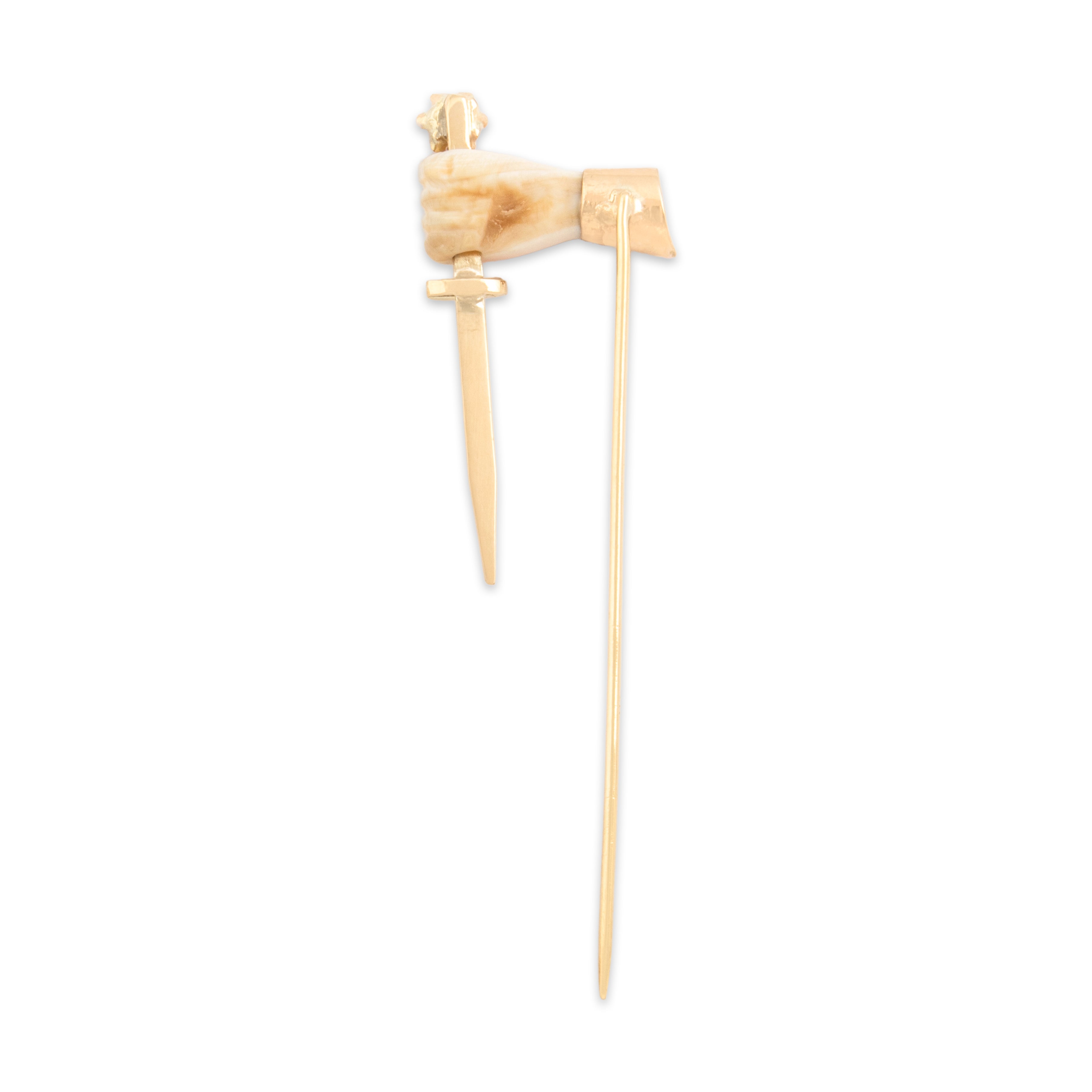 Antique 14k Yellow Gold & 10k Rosy Yellow Gold Natural Shell Synthetic Ruby Grasping Hand And Dagger Stick Pin - Back view