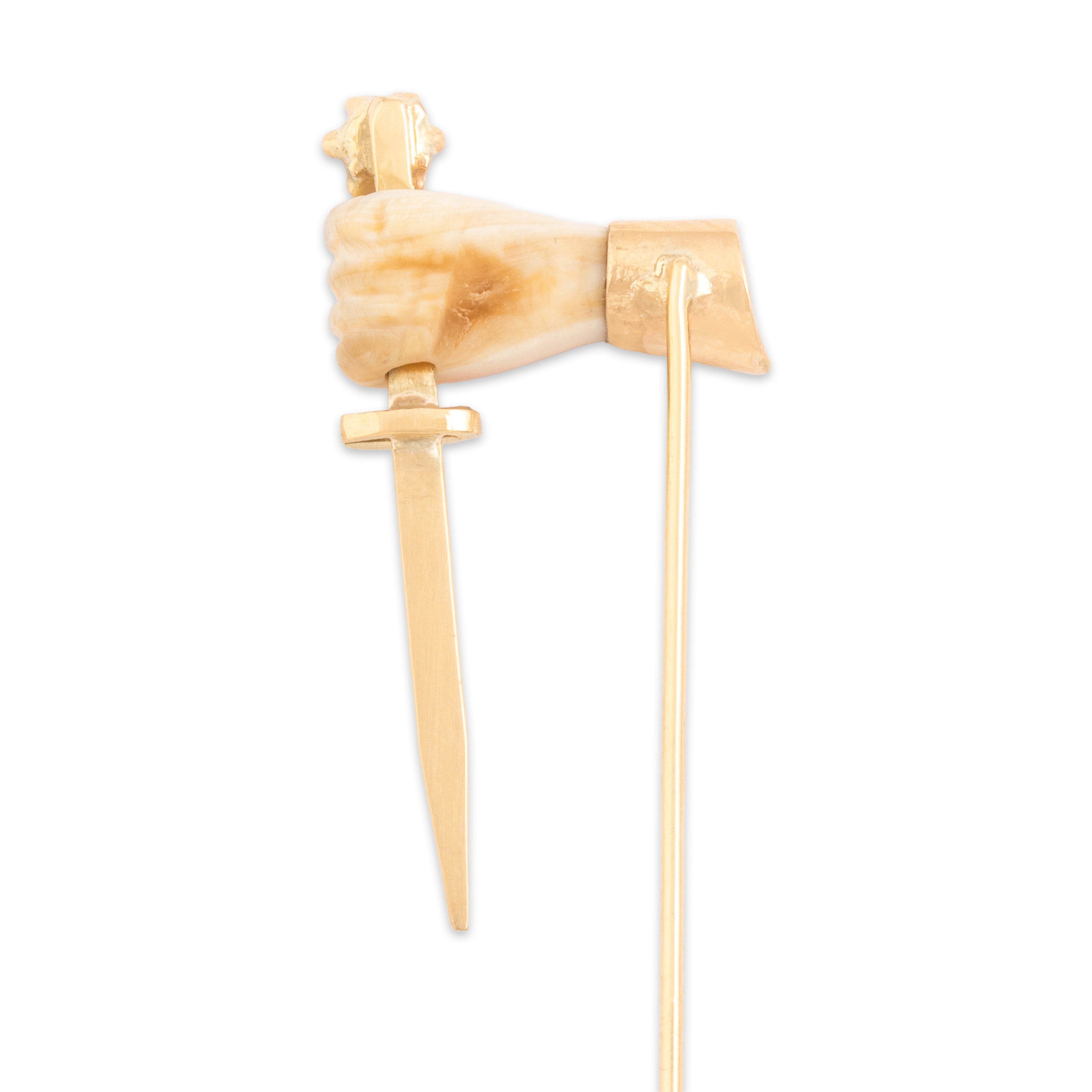 Antique 14k Yellow Gold & 10k Rosy Yellow Gold Natural Shell Synthetic Ruby Grasping Hand And Dagger Stick Pin - detail view #1