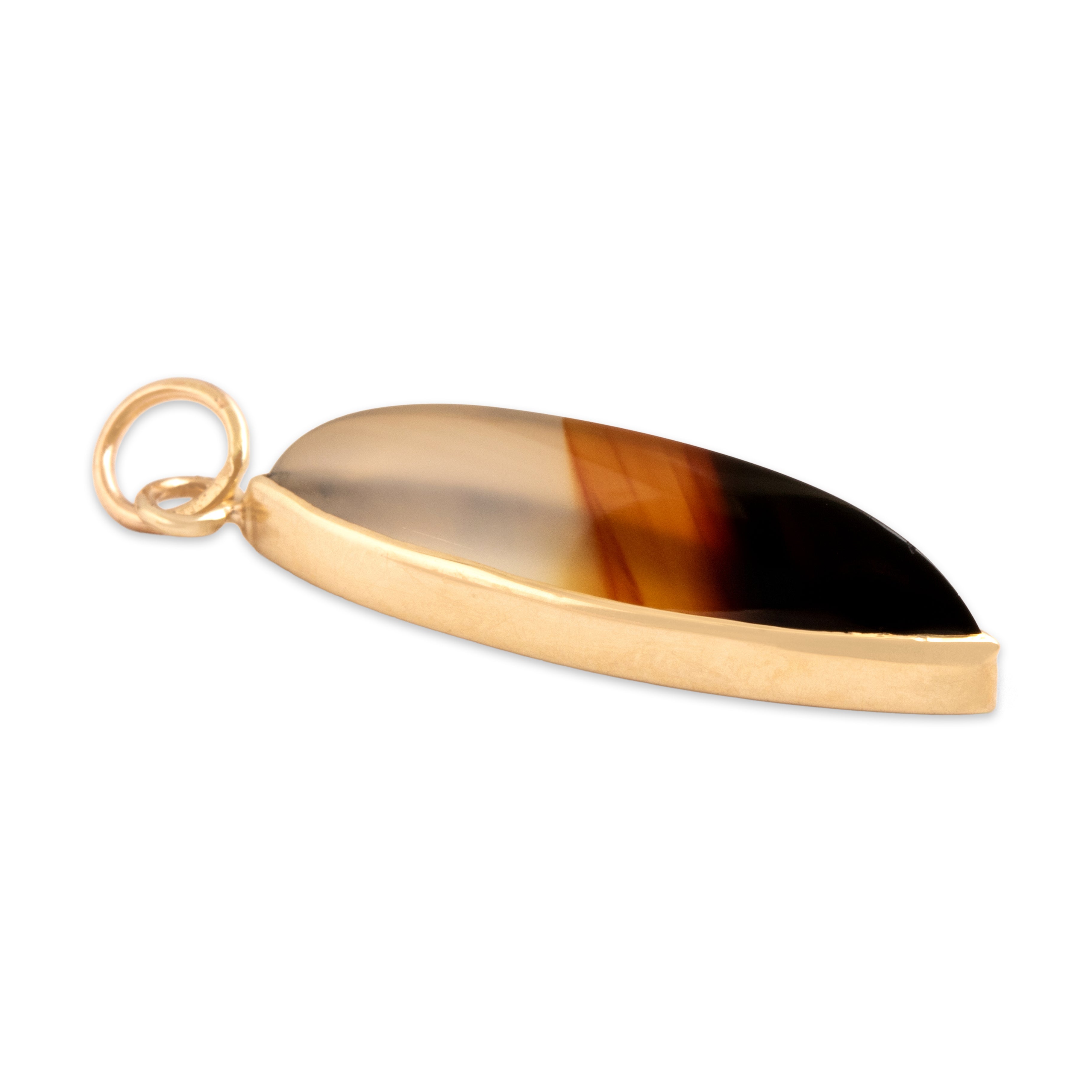 Antique Victorian 10k Yellow Gold 5.69ct Brown Banded Agate Wonderful Striped Feathery Cabochon Charm / Pendant - Side view