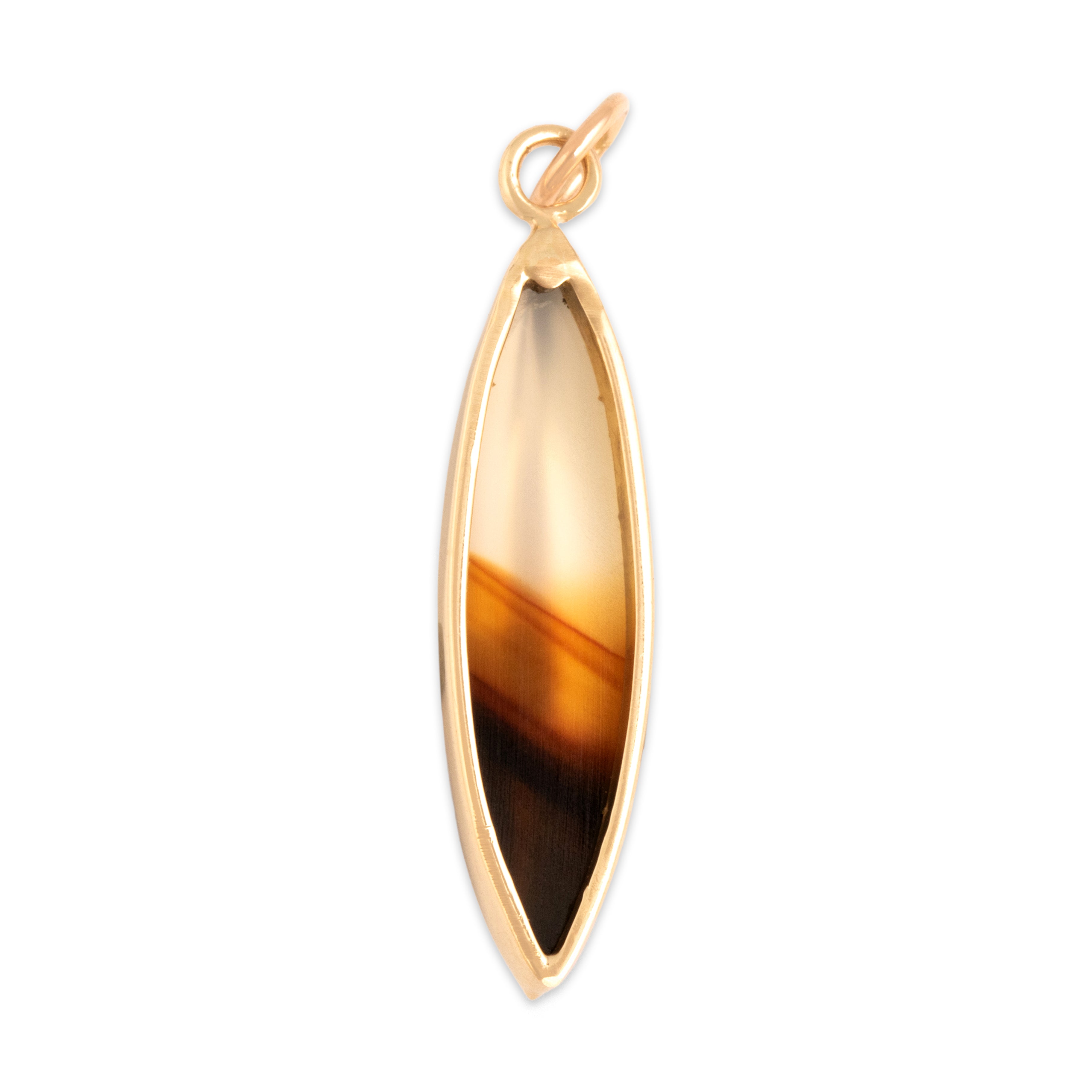 Antique Victorian 10k Yellow Gold 5.69ct Brown Banded Agate Wonderful Striped Feathery Cabochon Charm / Pendant - Back view