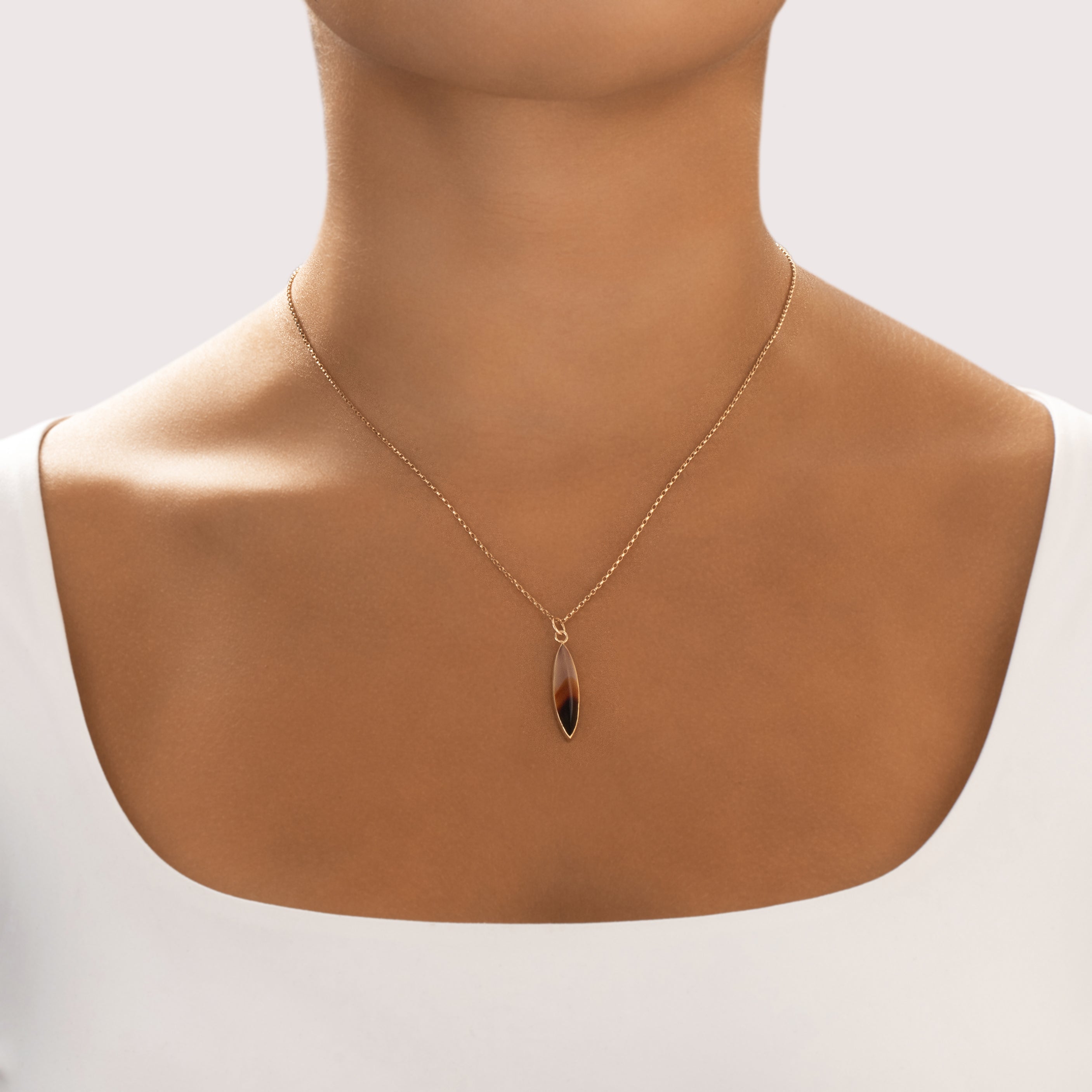 Antique Victorian 10k Yellow Gold 5.69ct Brown Banded Agate Wonderful Striped Feathery Cabochon Charm / Pendant - On model view