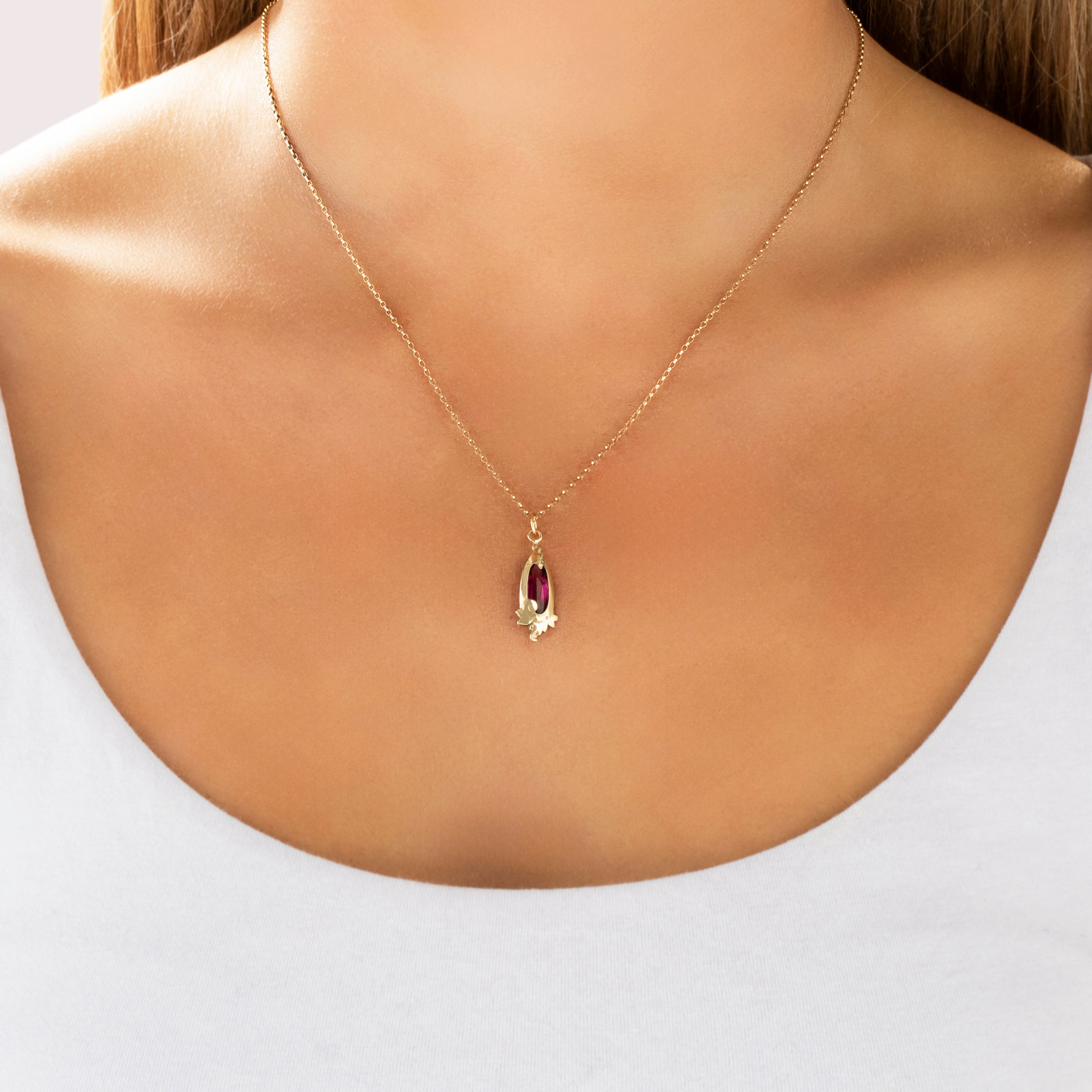 Antique Victorian 14k Yellow Gold Purple Glass Leafy Frame Charm / Pendant - On model view