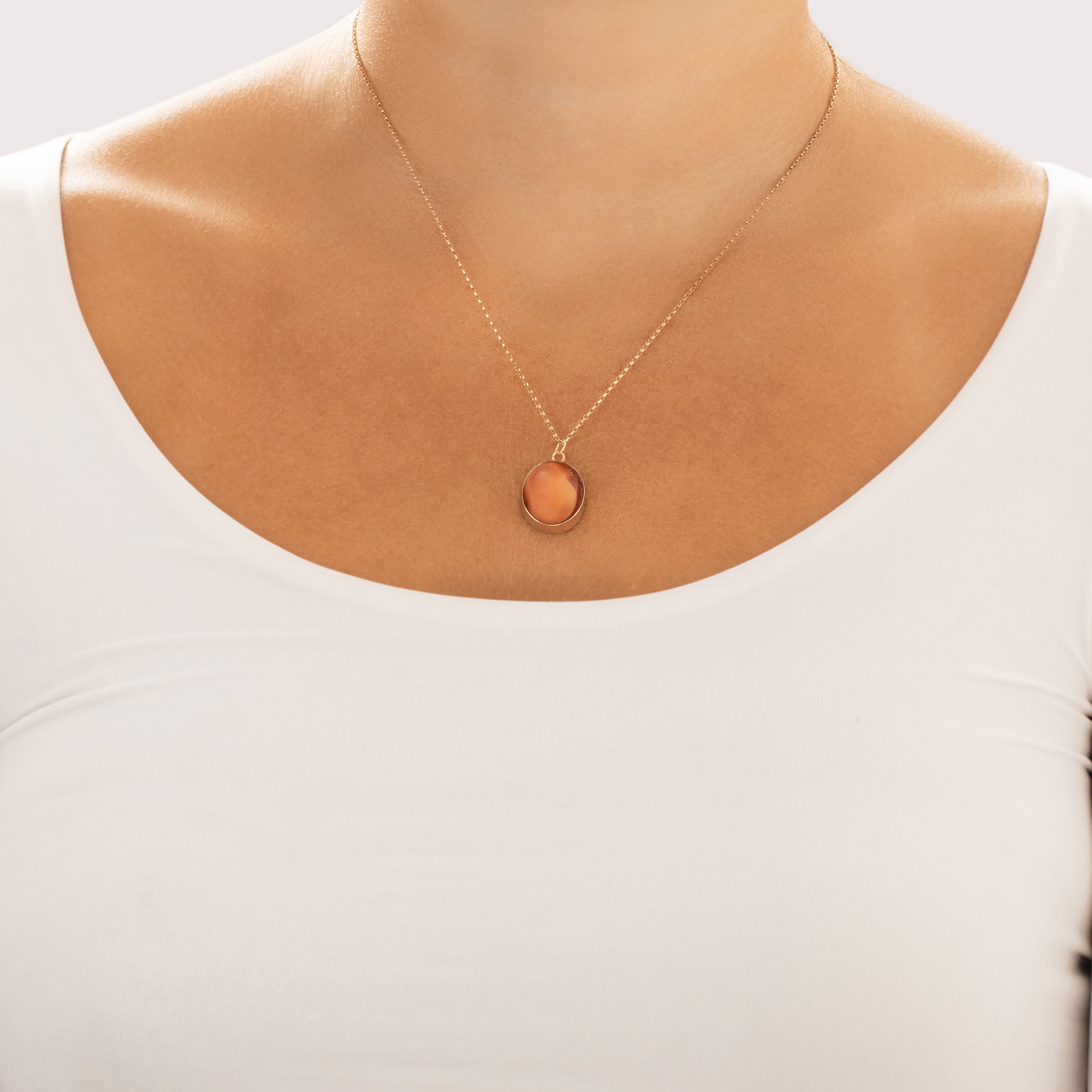 Antique 10k Yellow Gold 15.11ct Fire Opal Fabulous Iridescent Egg Charm / Pendant - On model view