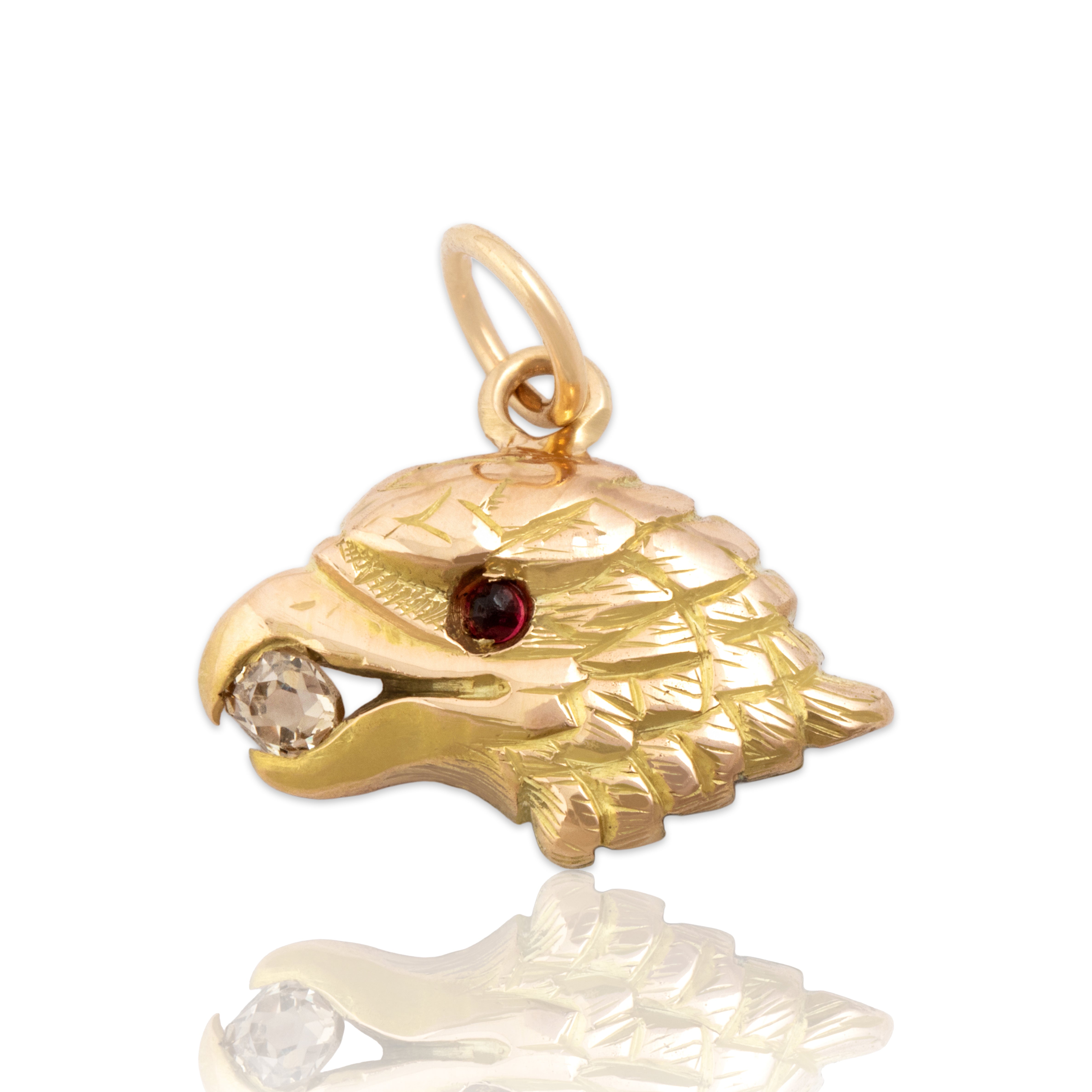 Antique Victorian 14k Rosy Yellow Old Mine Cut Diamond Magenta Glass Eagle Charm / Pendant