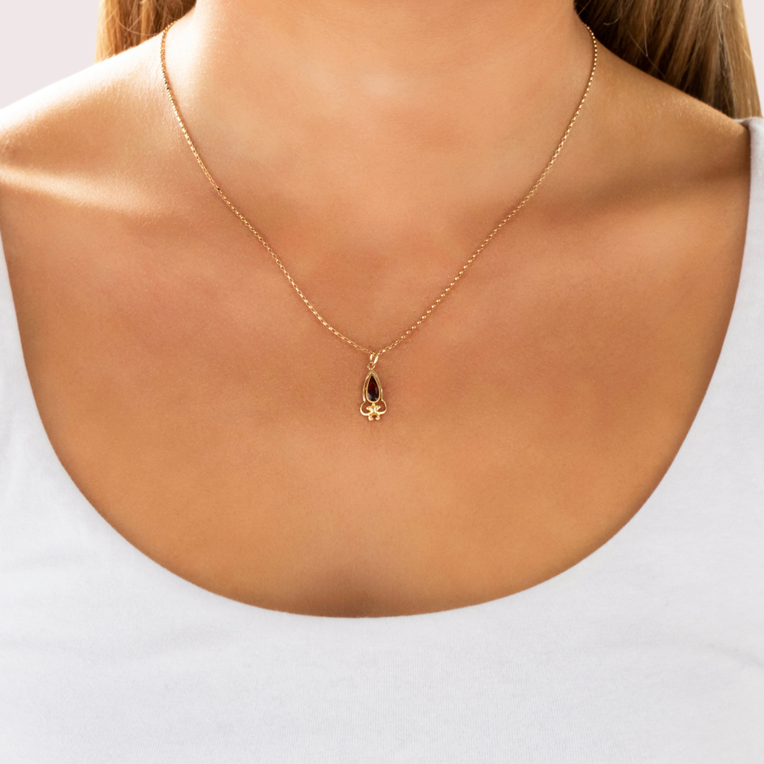 Antique Victorian 10k Yellow Gold .55ct Garnet Regal Elongated Pear Drop Charm / Pendant - On model view