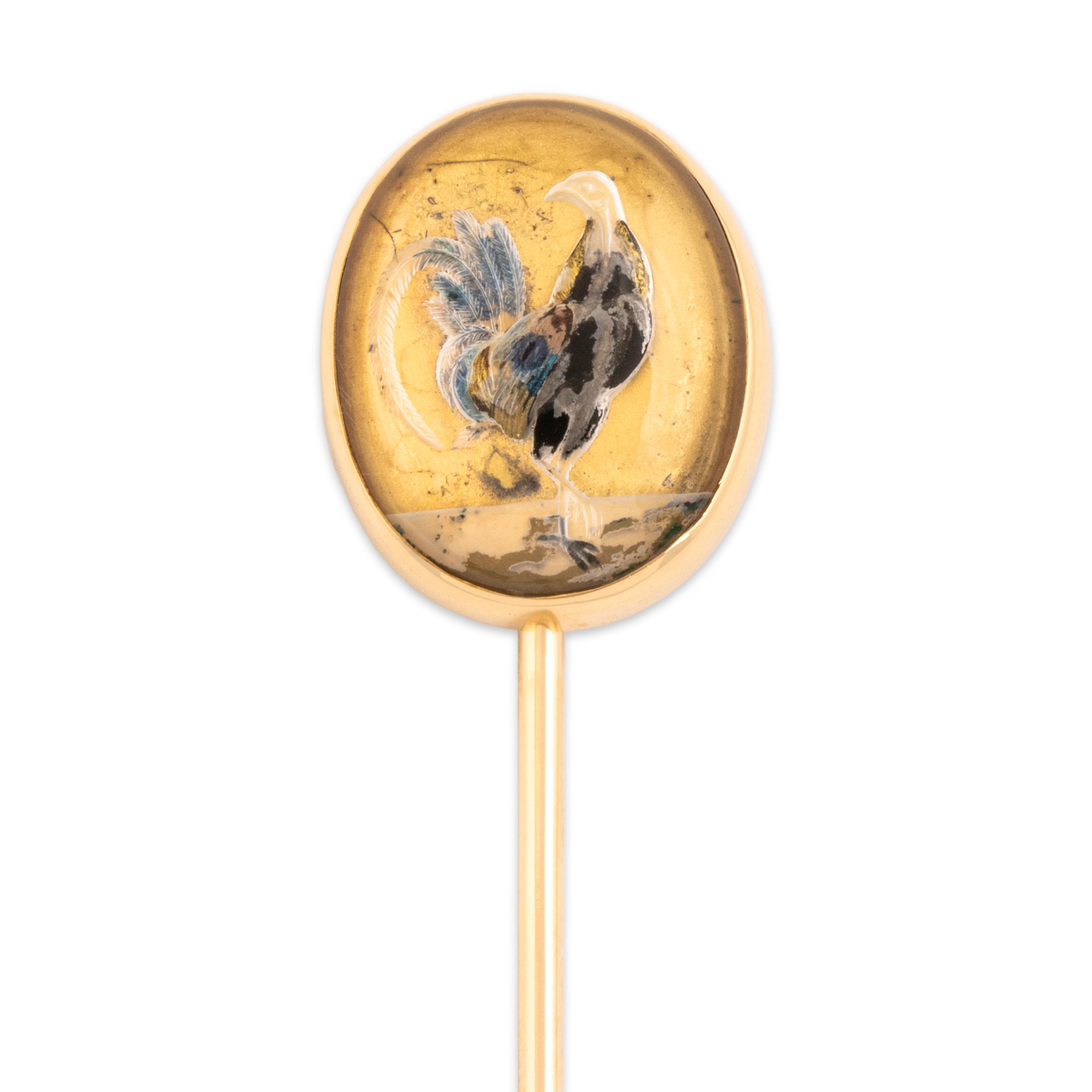 Antique Edwardian 14k Rosy Yellow Gold Essex Crystal Painted Reverse Intaglio Stick Pin - detail view #1