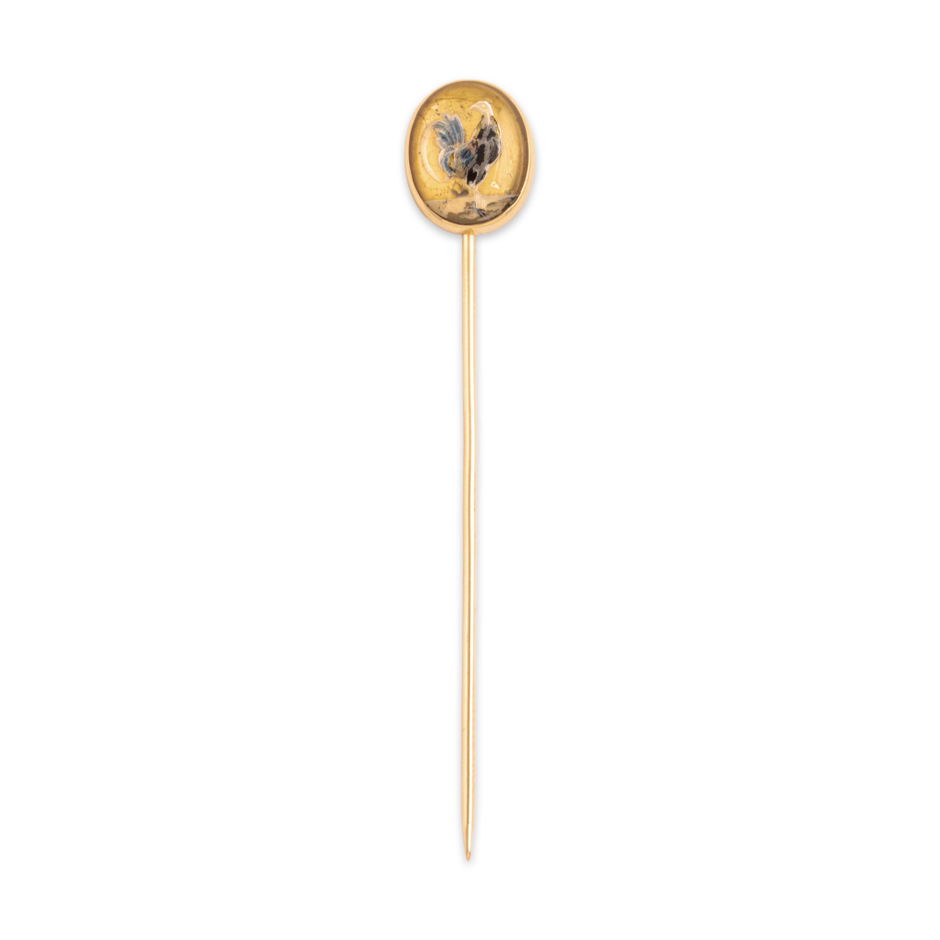 Antique Edwardian 14k Rosy Yellow Gold Essex Crystal Painted Reverse Intaglio Stick Pin - Close-up view