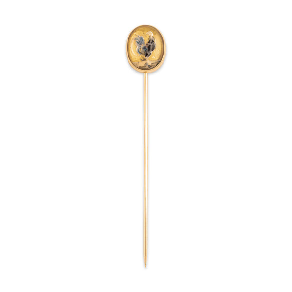 Antique Edwardian 14k Rosy Yellow Gold Essex Crystal Painted Intaglio Stickpin