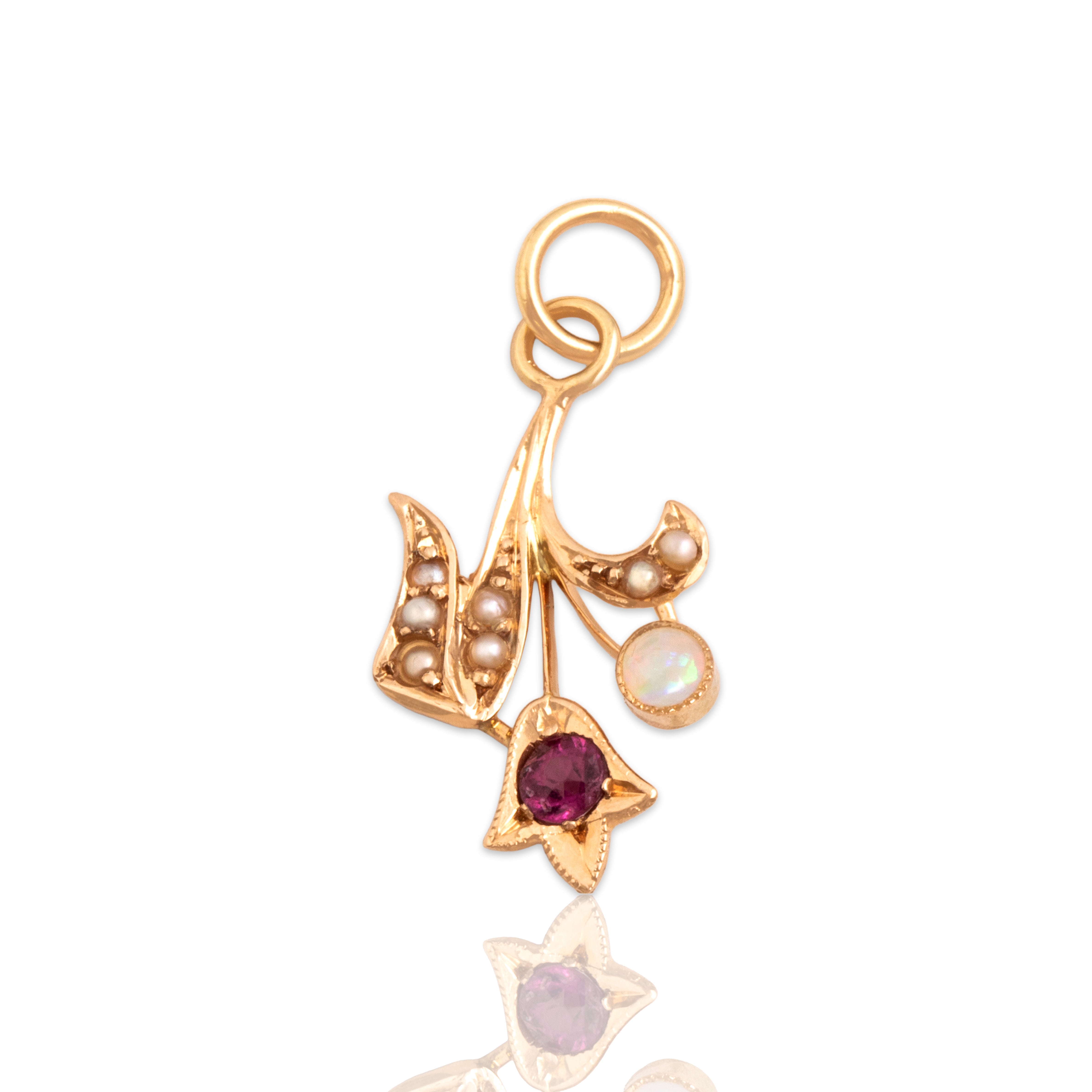 Antique Small 14k Rosy Yellow Gold Magenta Glass Pearl Opal Tulip Charm / Pendant - Close-up view