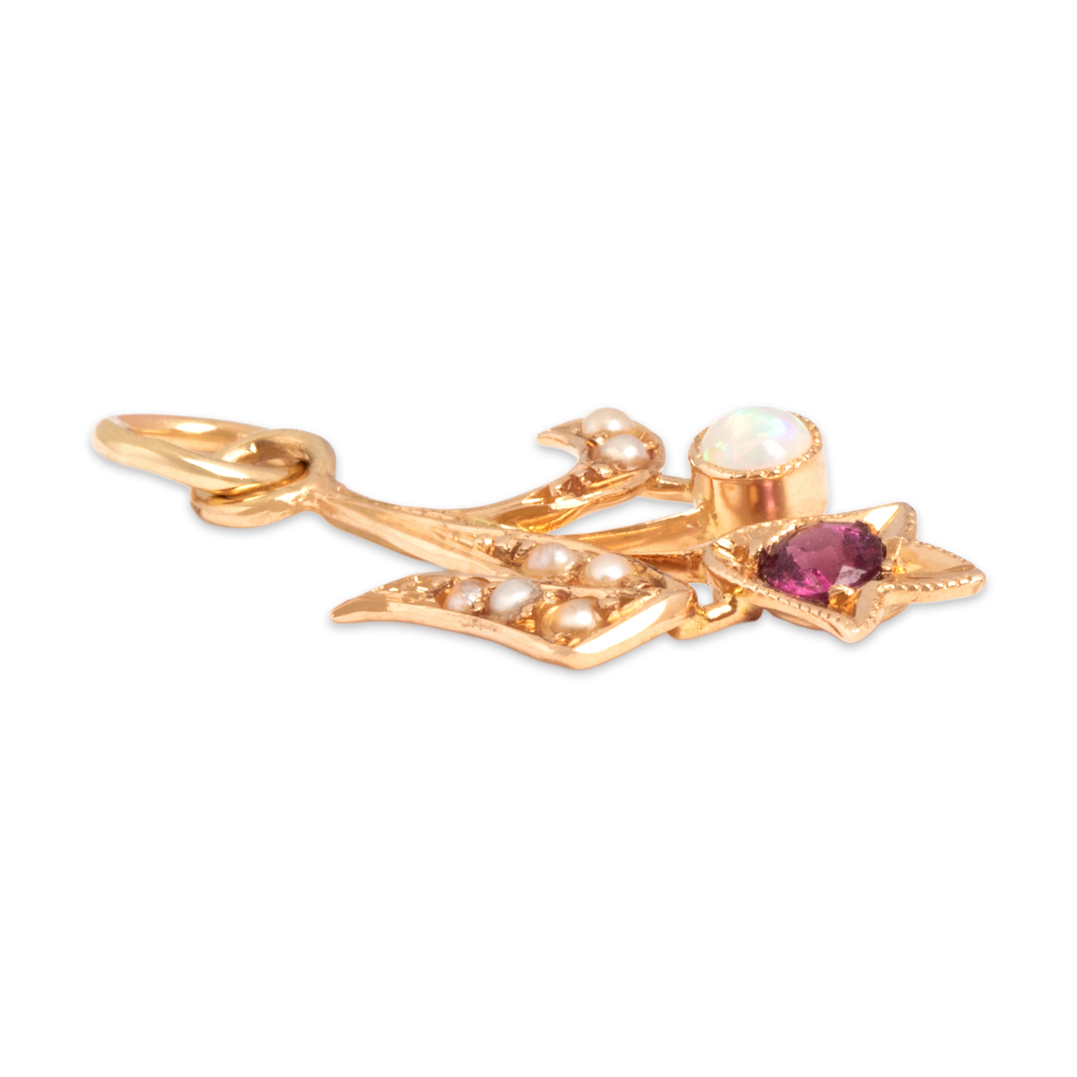 Antique Small 14k Rosy Yellow Gold Magenta Glass Pearl Opal Tulip Charm / Pendant - Side view