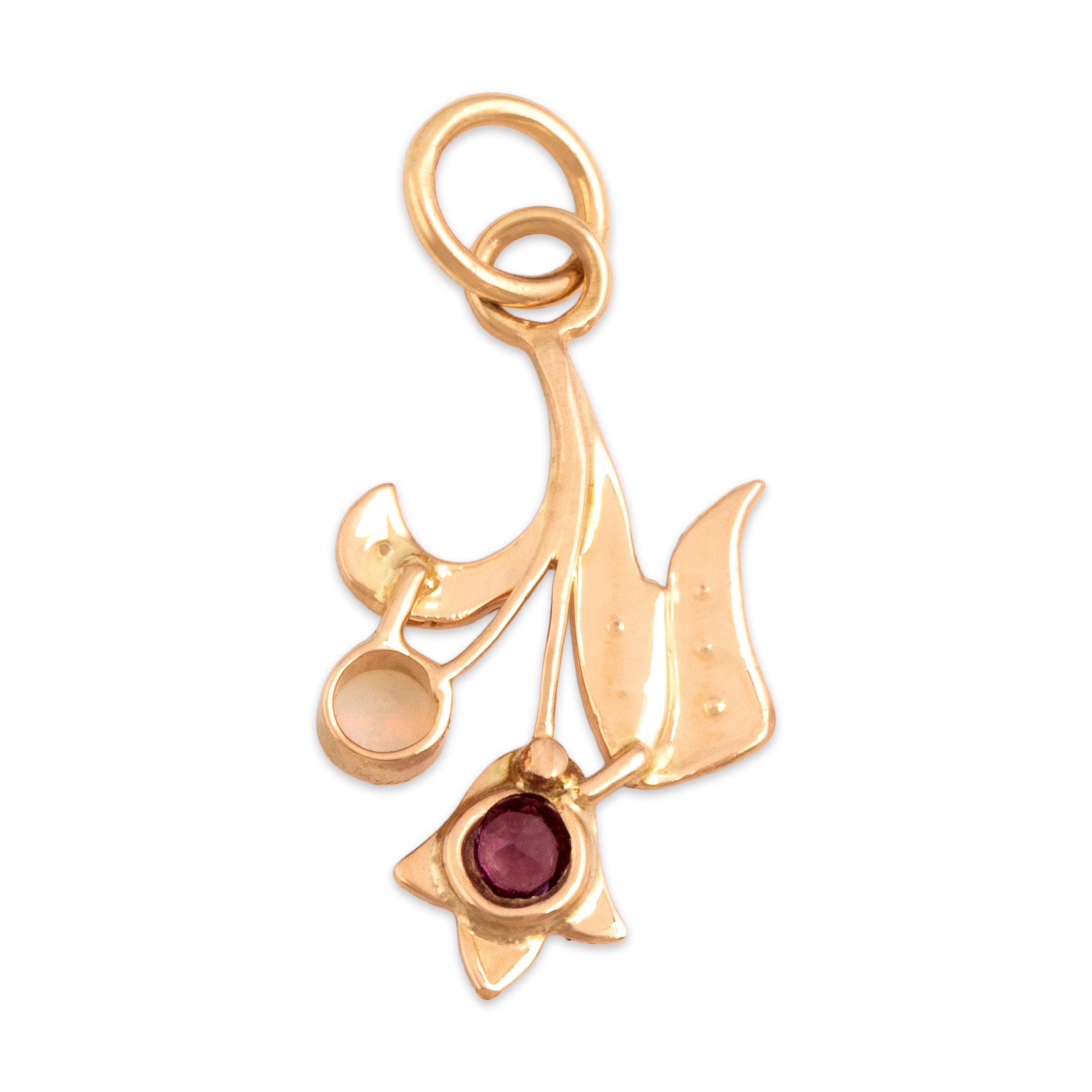 Antique Small 14k Rosy Yellow Gold Magenta Glass Pearl Opal Tulip Charm / Pendant - Back view