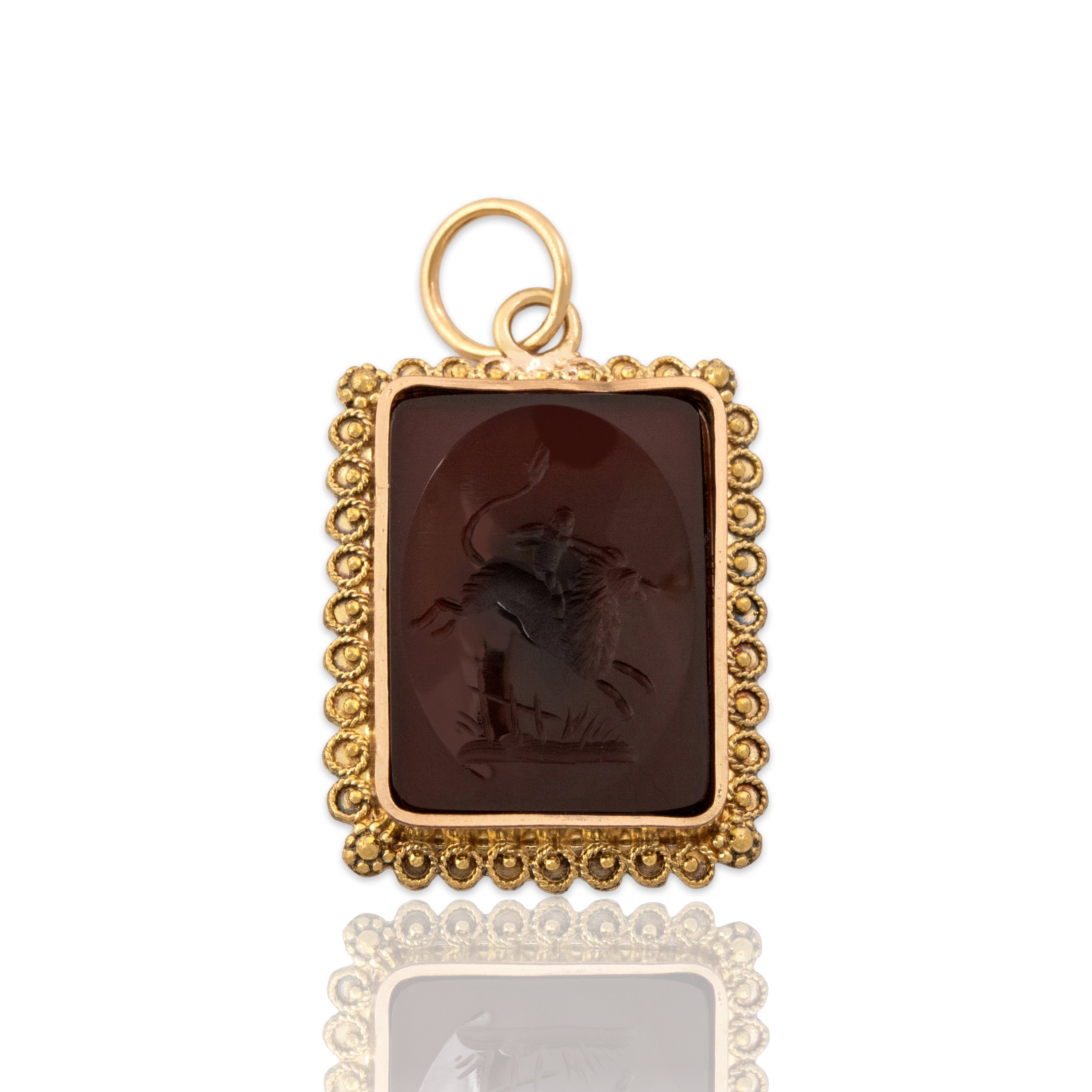 Antique Victorian 14k Yellow Gold 3.38ct Carnelian Bucking Griffin Charm / Pendant
