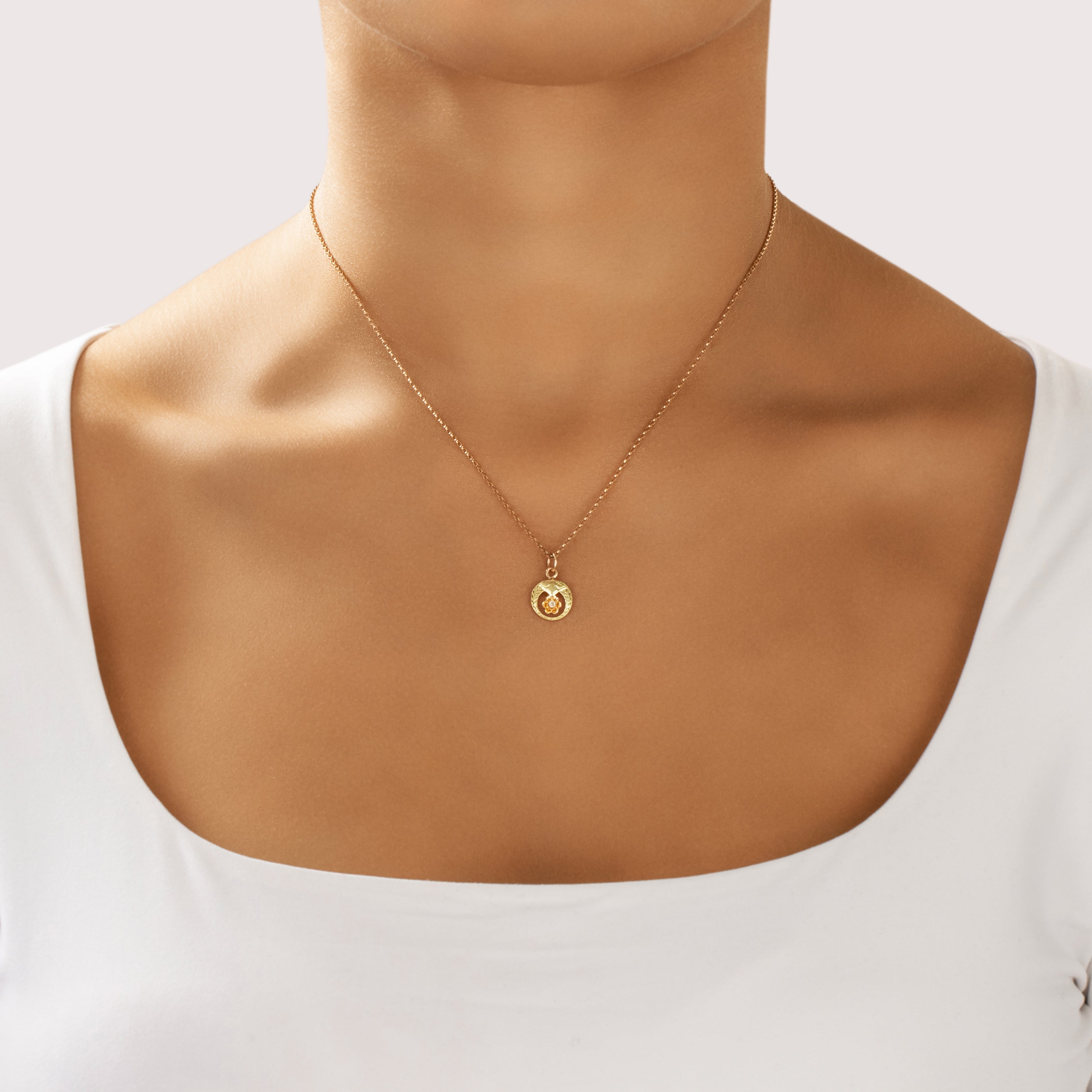 Antique Small 10k Yellow & Rosy Yellow Gold Old Mine Cut Diamond Blossom Harvest Moon Charm / Pendant - On model view