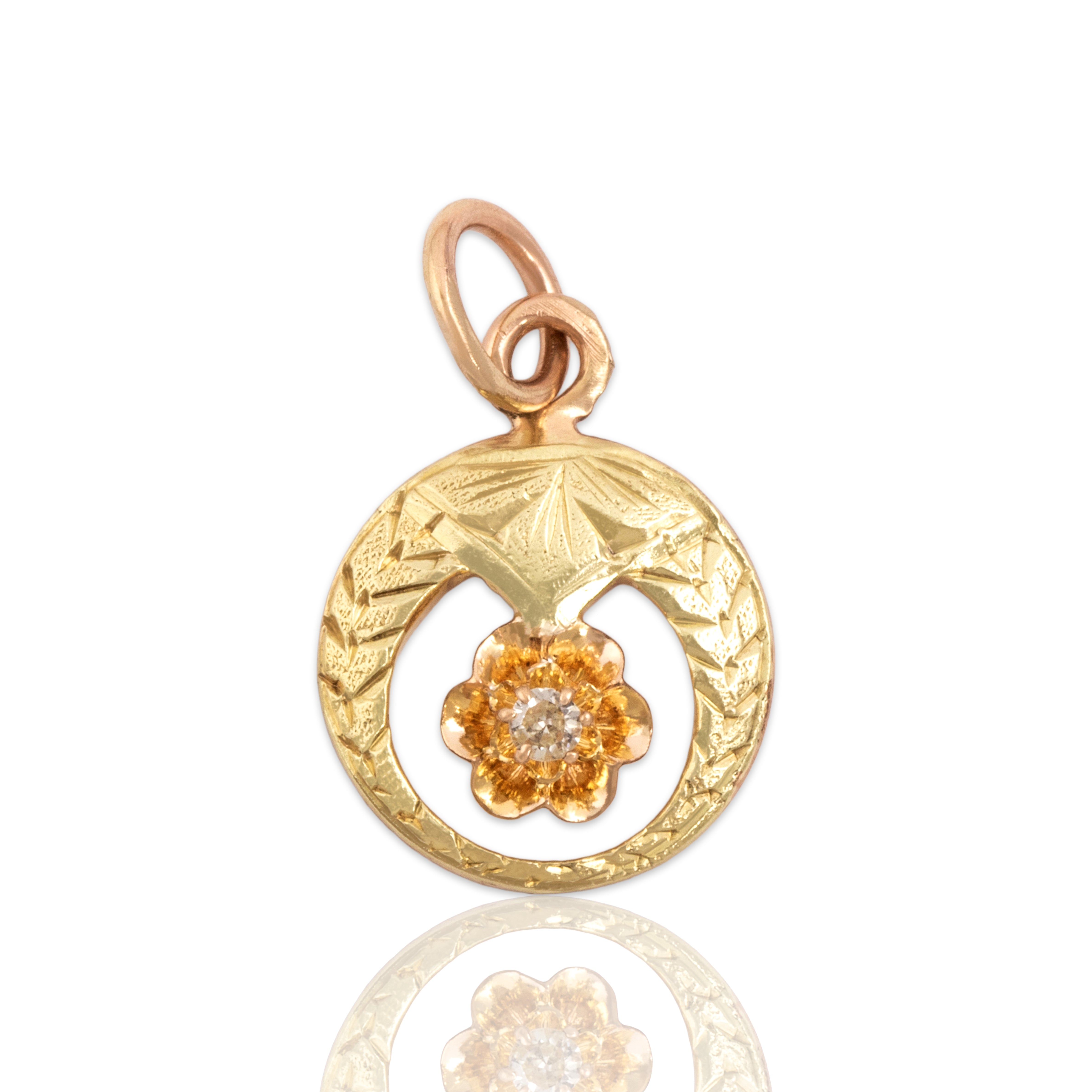 Antique Small 10k Yellow & Rosy Yellow Gold Old Mine Cut Diamond Blossom Harvest Moon Charm / Pendant - Close-up view