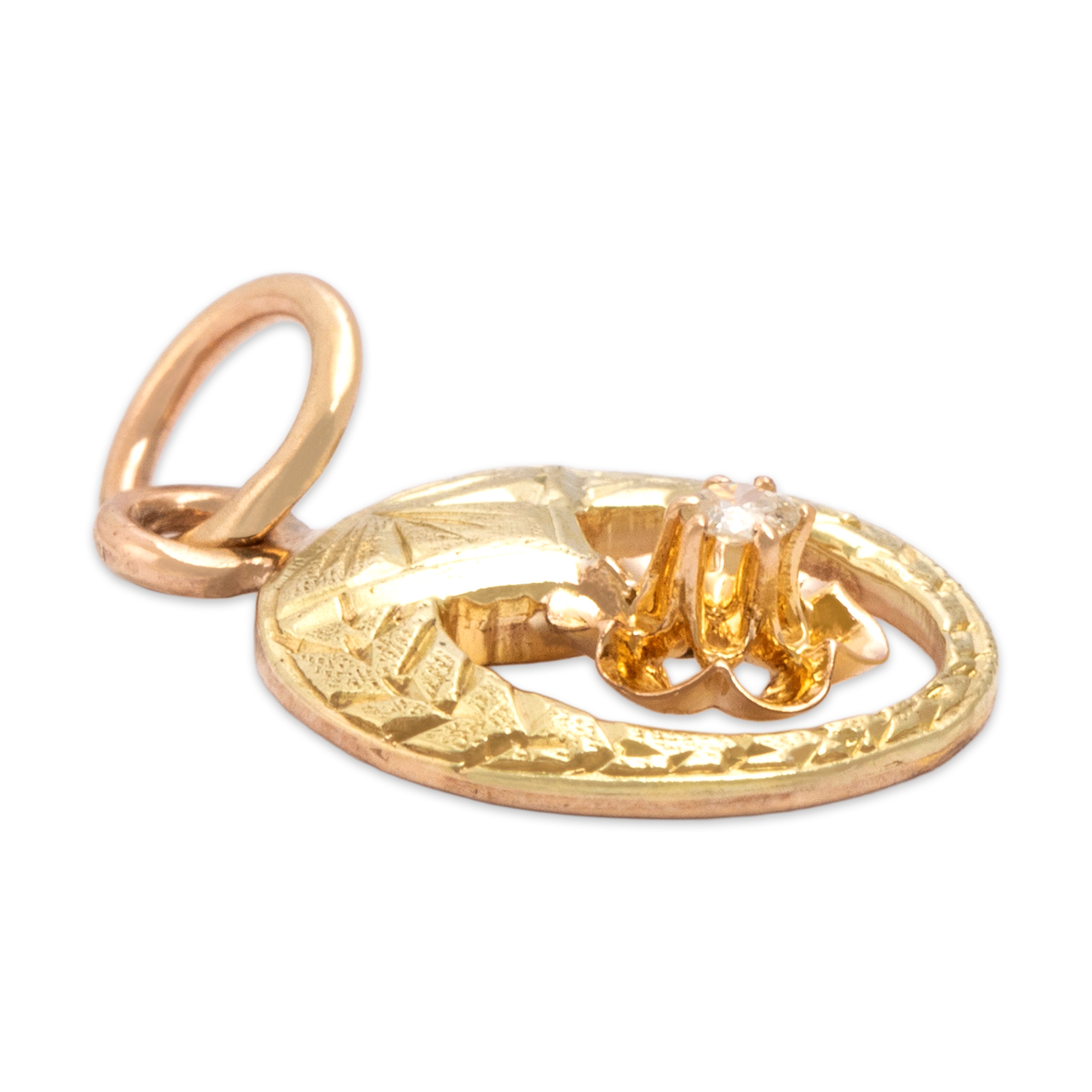 Antique Small 10k Yellow & Rosy Yellow Gold Old Mine Cut Diamond Blossom Harvest Moon Charm / Pendant - Side view