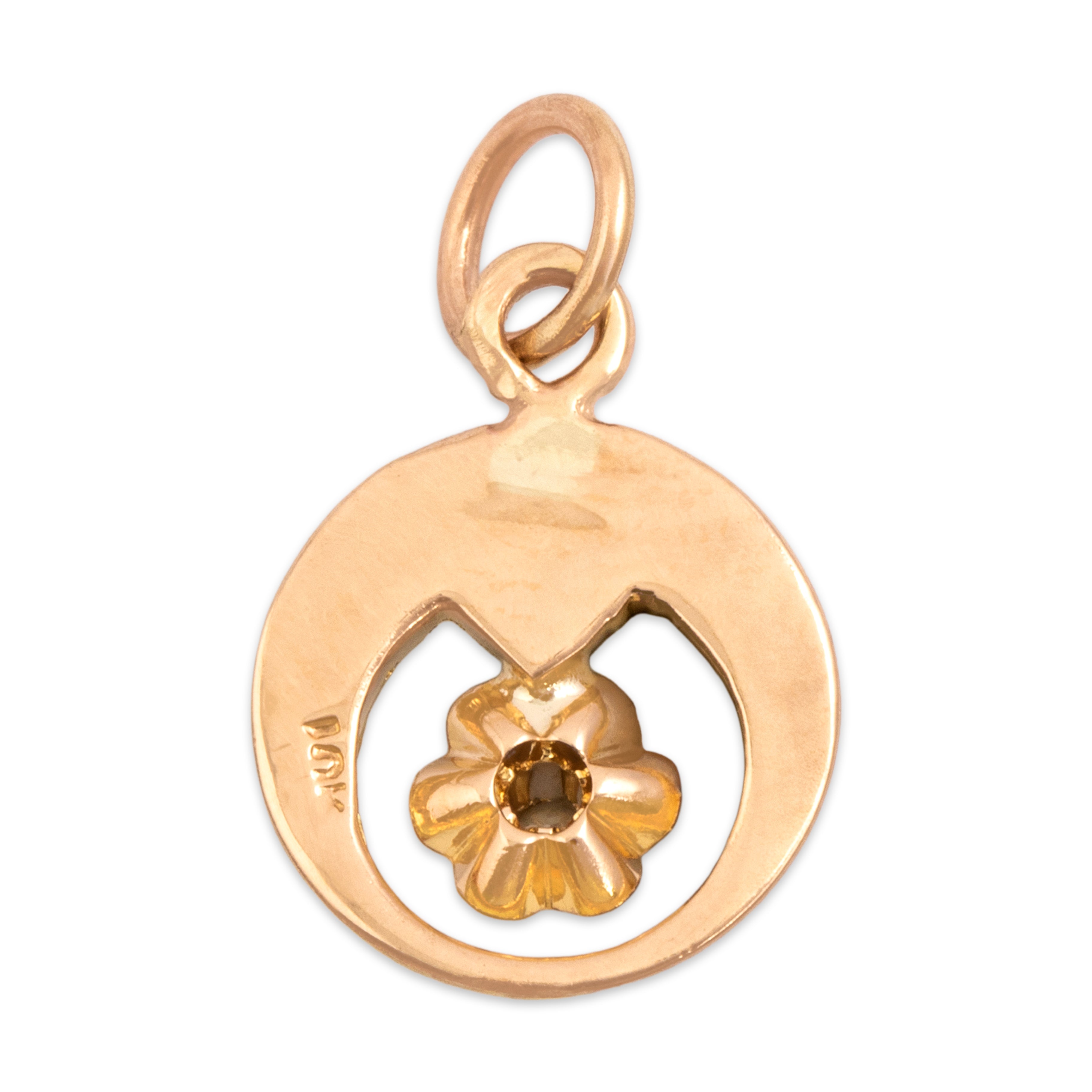 Antique Small 10k Yellow & Rosy Yellow Gold Old Mine Cut Diamond Blossom Harvest Moon Charm / Pendant - Back view