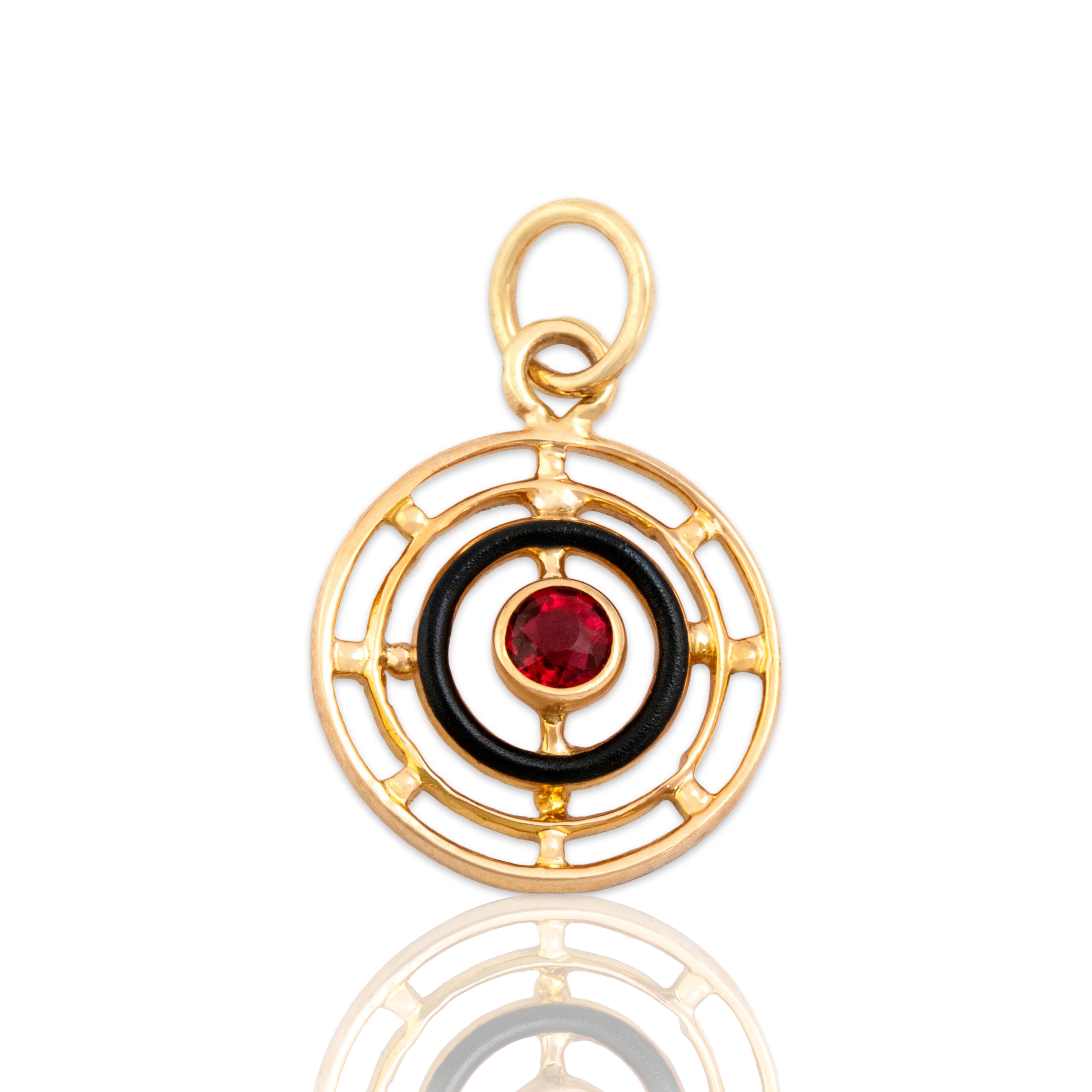 Antique Small 10k Yellow Gold Magenta Glass Black Enamel Orbital Charm / Pendant - Close-up view