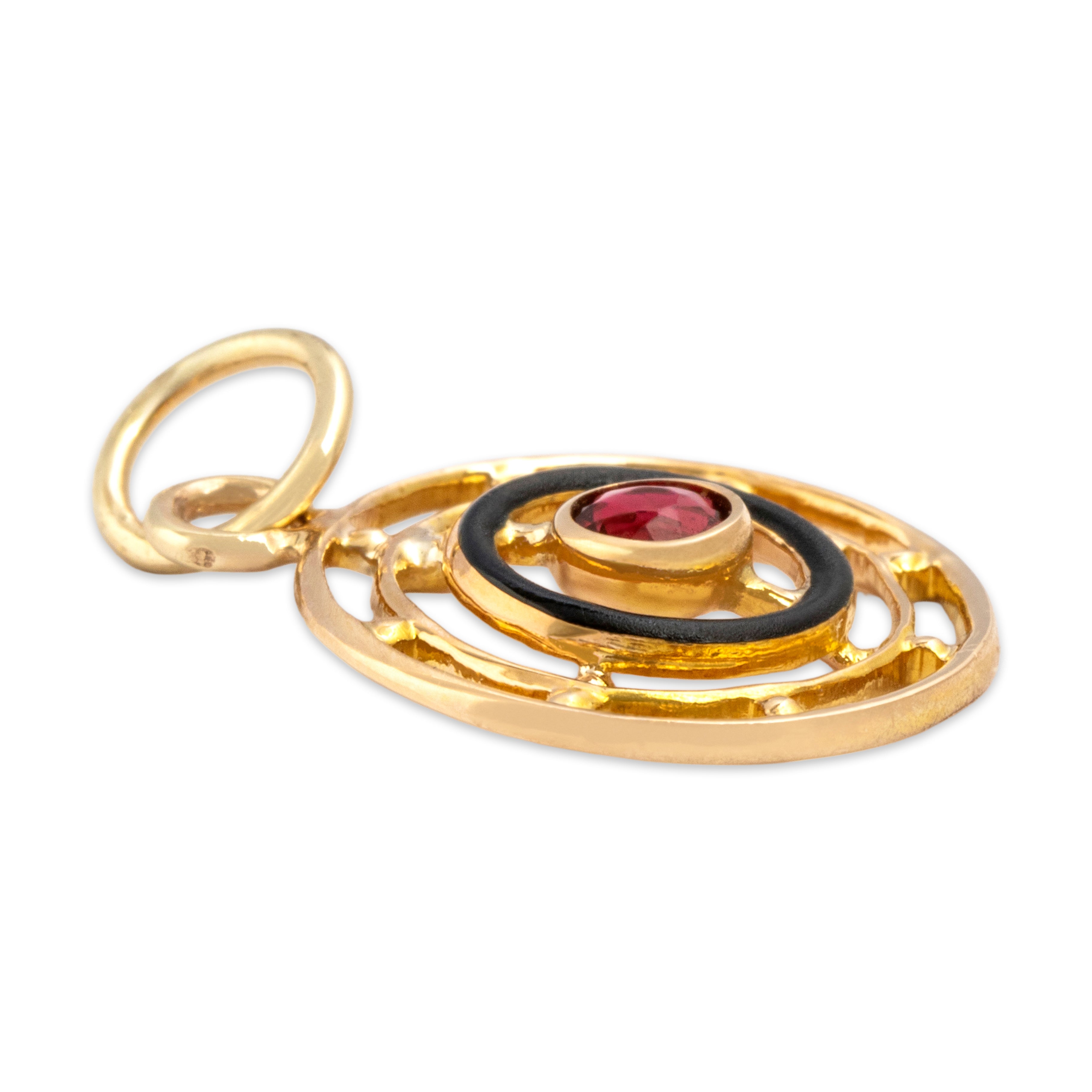 Antique Small 10k Yellow Gold Magenta Glass Black Enamel Orbital Charm / Pendant - Side view