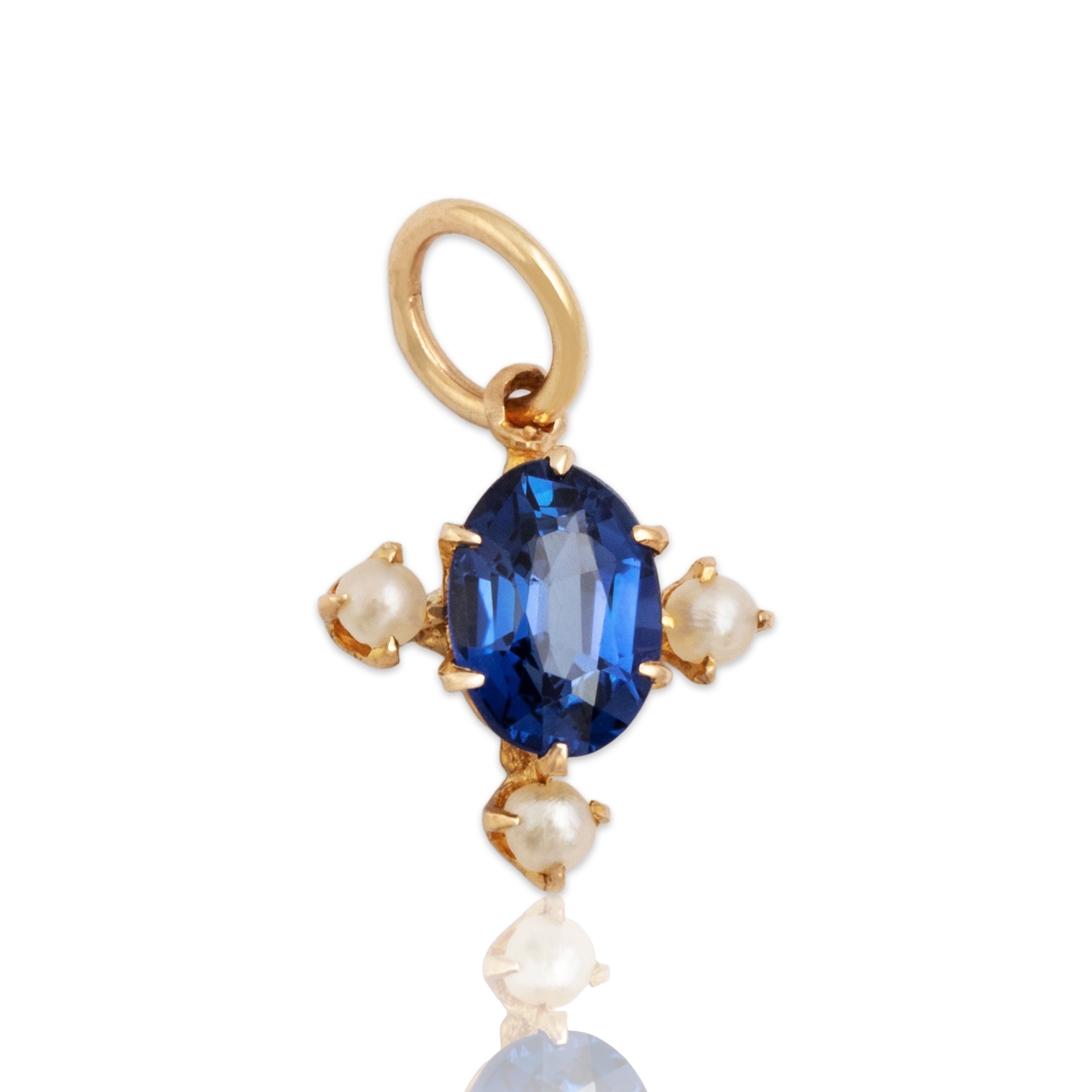 Antique 14k Yellow Gold .68ct Blue Synthetic Sapphire Oval Charm / Pendant - Close-up view