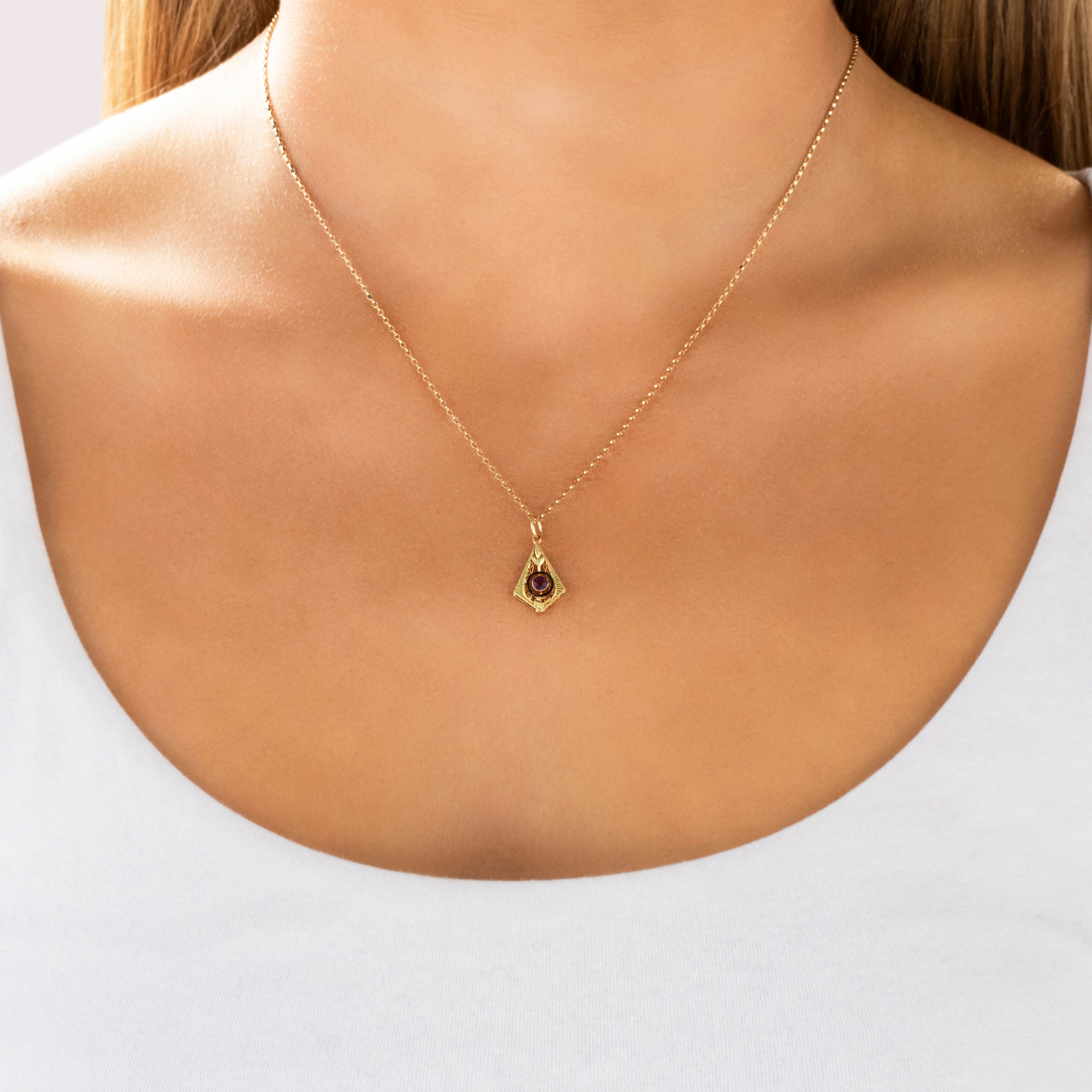 Antique Victorian 10k Yellow Gold Lavender Glass Detailed Openwork Black Enamel Halo Charm / Pendant - On model view