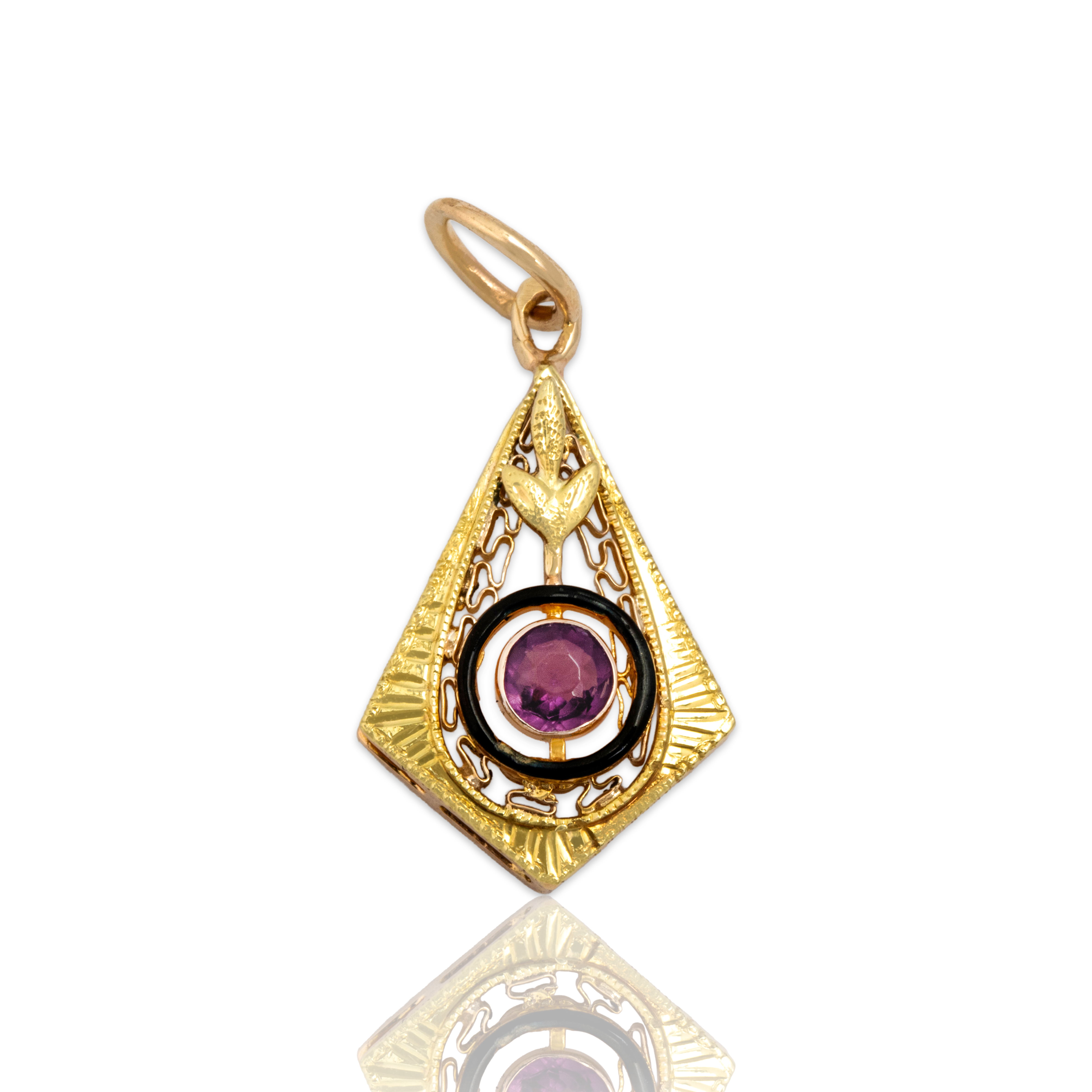 Antique Victorian 10k Yellow Gold Lavender Glass Black Enamel Halo Charm / Pendant