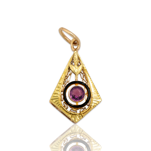 Antique Victorian 10k Yellow Gold Lavender Glass Black Enamel Halo Charm / Pendant