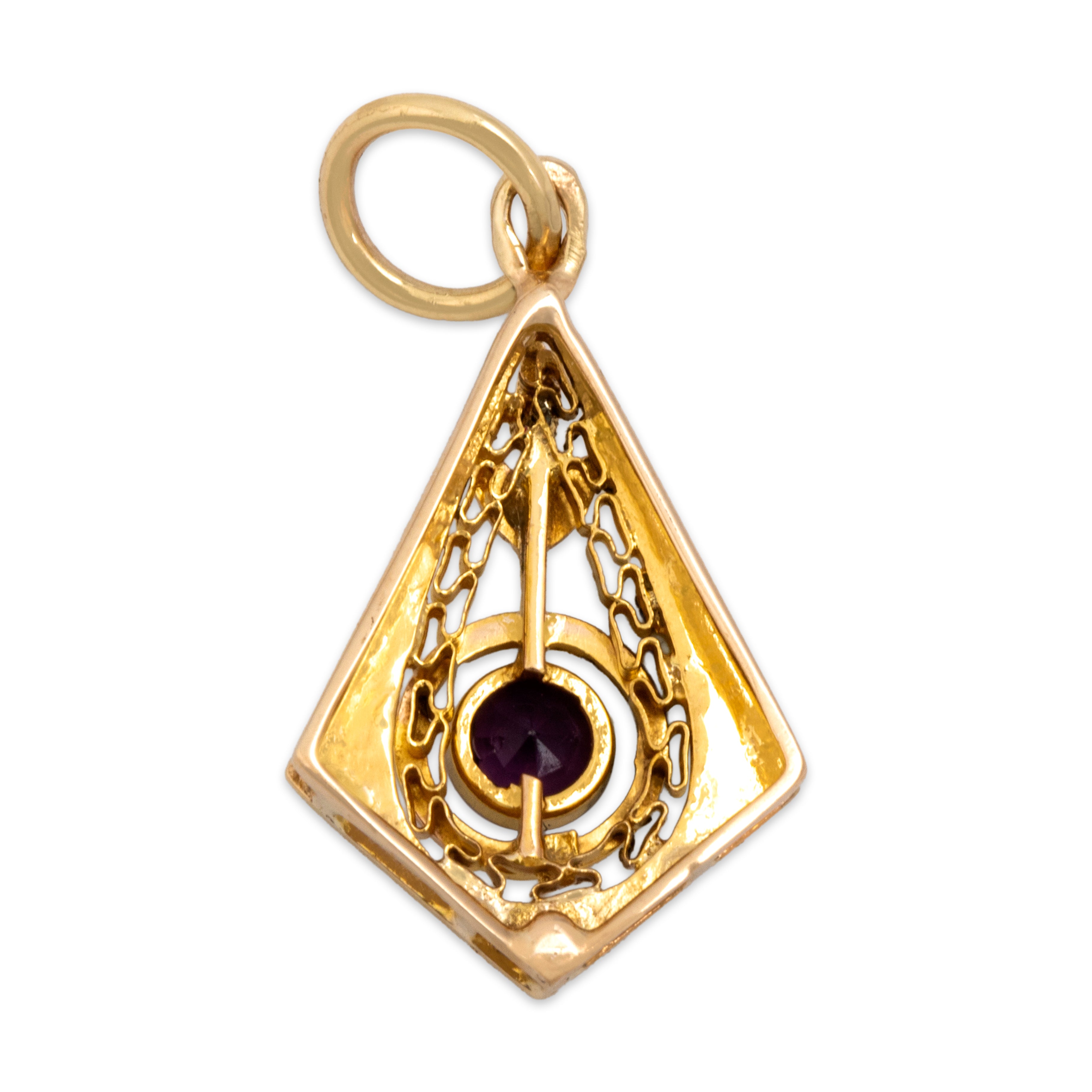 Antique Victorian 10k Yellow Gold Lavender Glass Detailed Openwork Black Enamel Halo Charm / Pendant - Back view