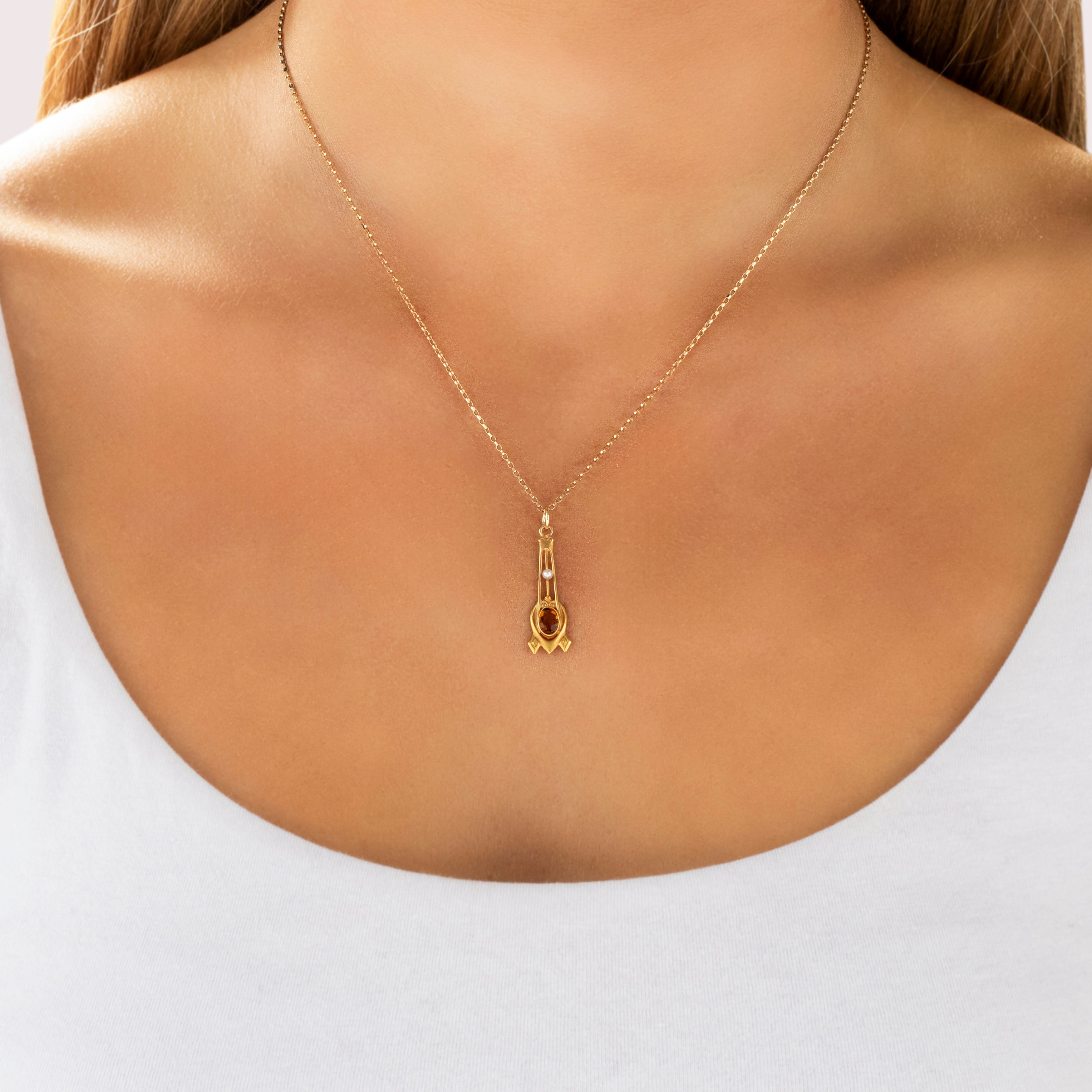 Antique Art Nouveau 14k Yellow Gold Citrine Pearl Satin Intricate Drop Charm / Pendant - On model view
