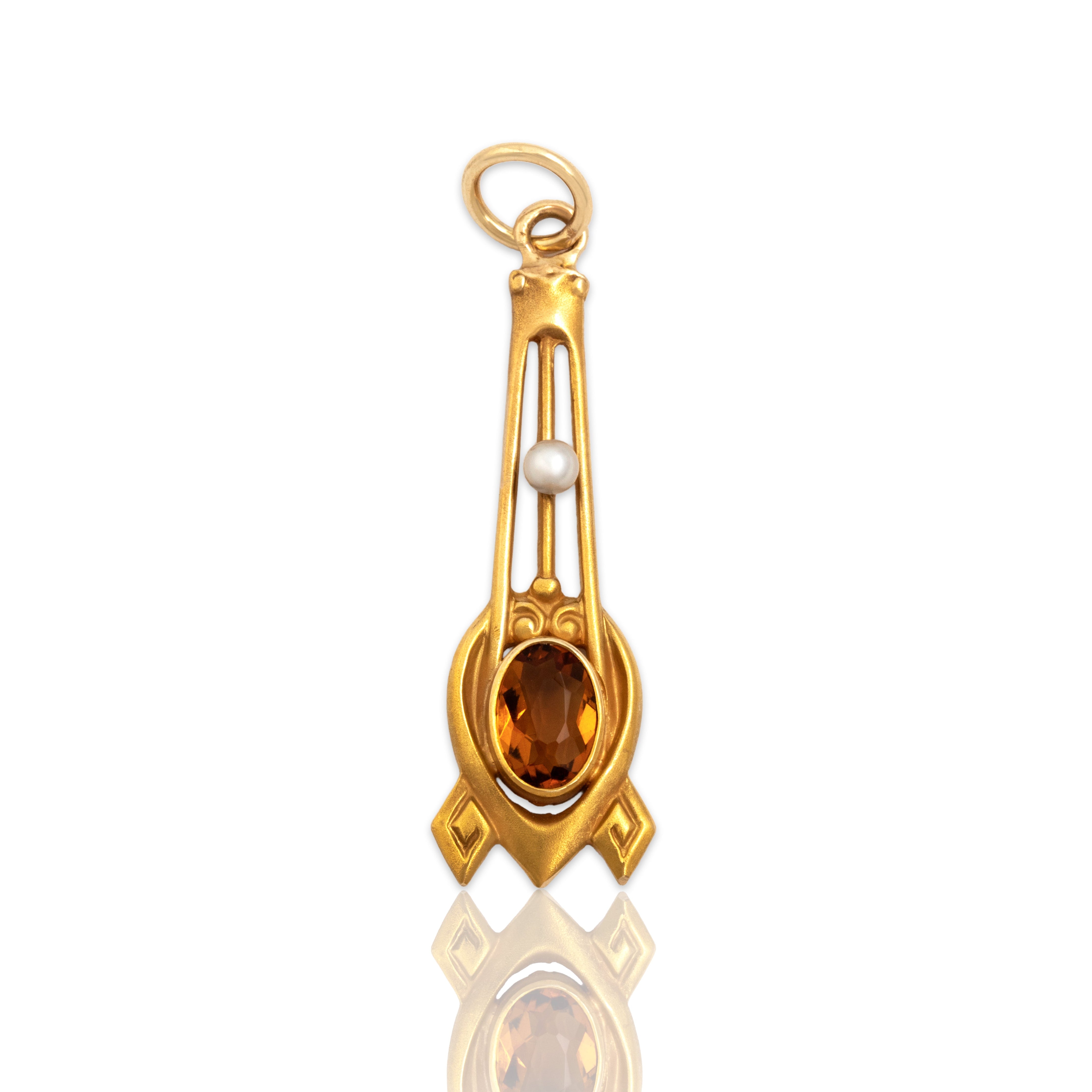 Antique Art Nouveau 14k Yellow Gold Citrine Pearl Satin Intricate Drop Charm / Pendant - Close-up view