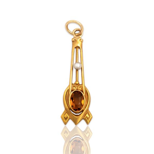 Antique Art Nouveau 14k Yellow Gold Citrine Pearl Satin Long Drop Charm / Pendant