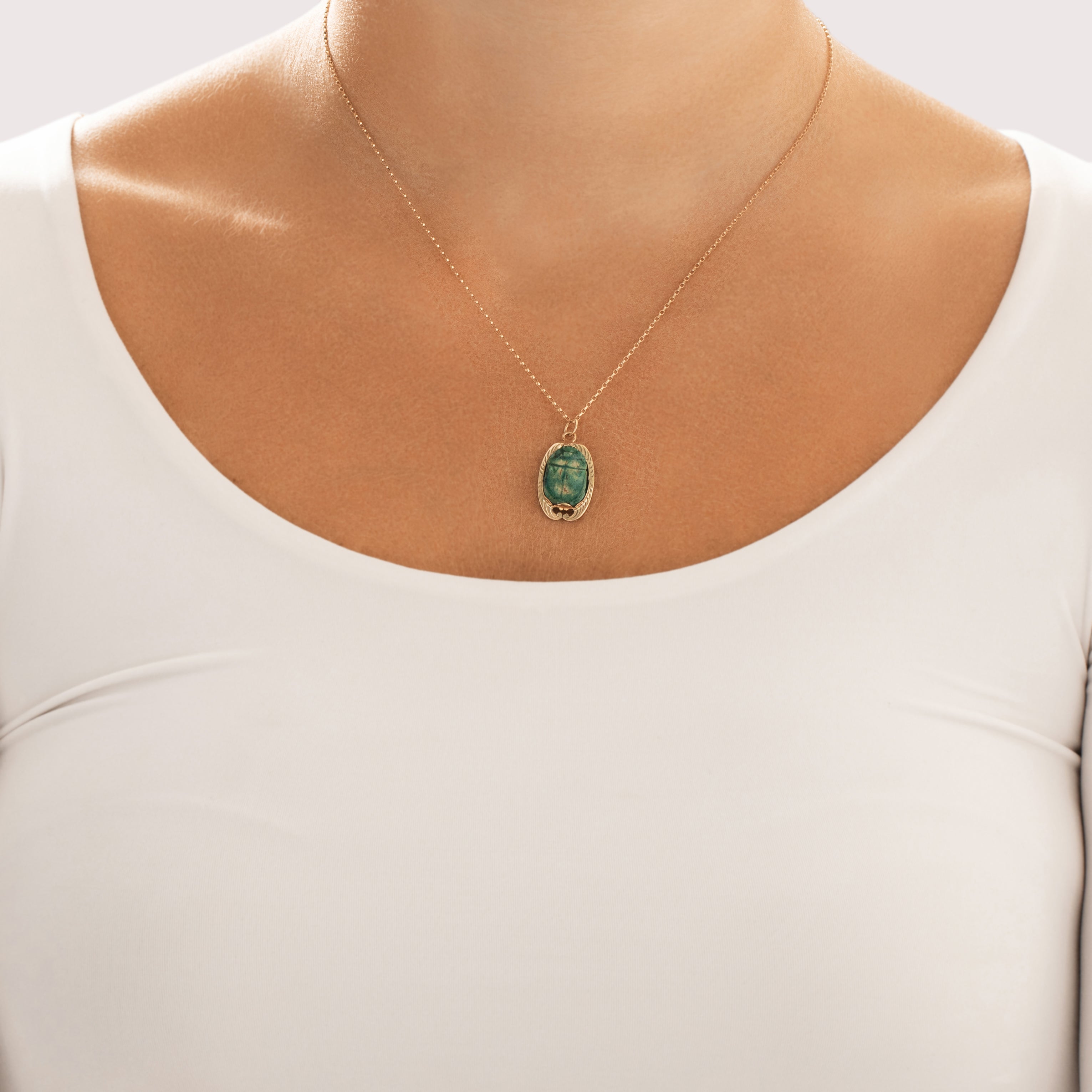 Antique Victorian 14k Yellow Gold Scarab Wonderful Decorated Ancient-Style Scarab Charm / Pendant - On model view